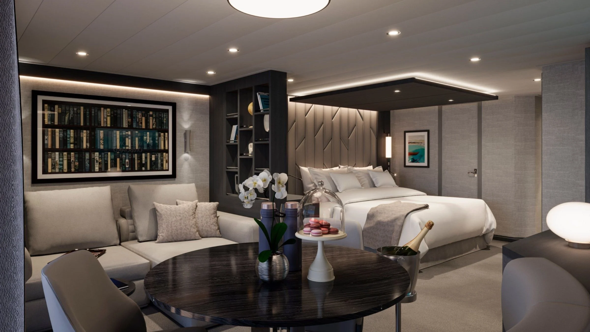 Spacious Penthouse Suite aboard Explora III featuring a separate lounge, contemporary furnishings and residential-style luxury.