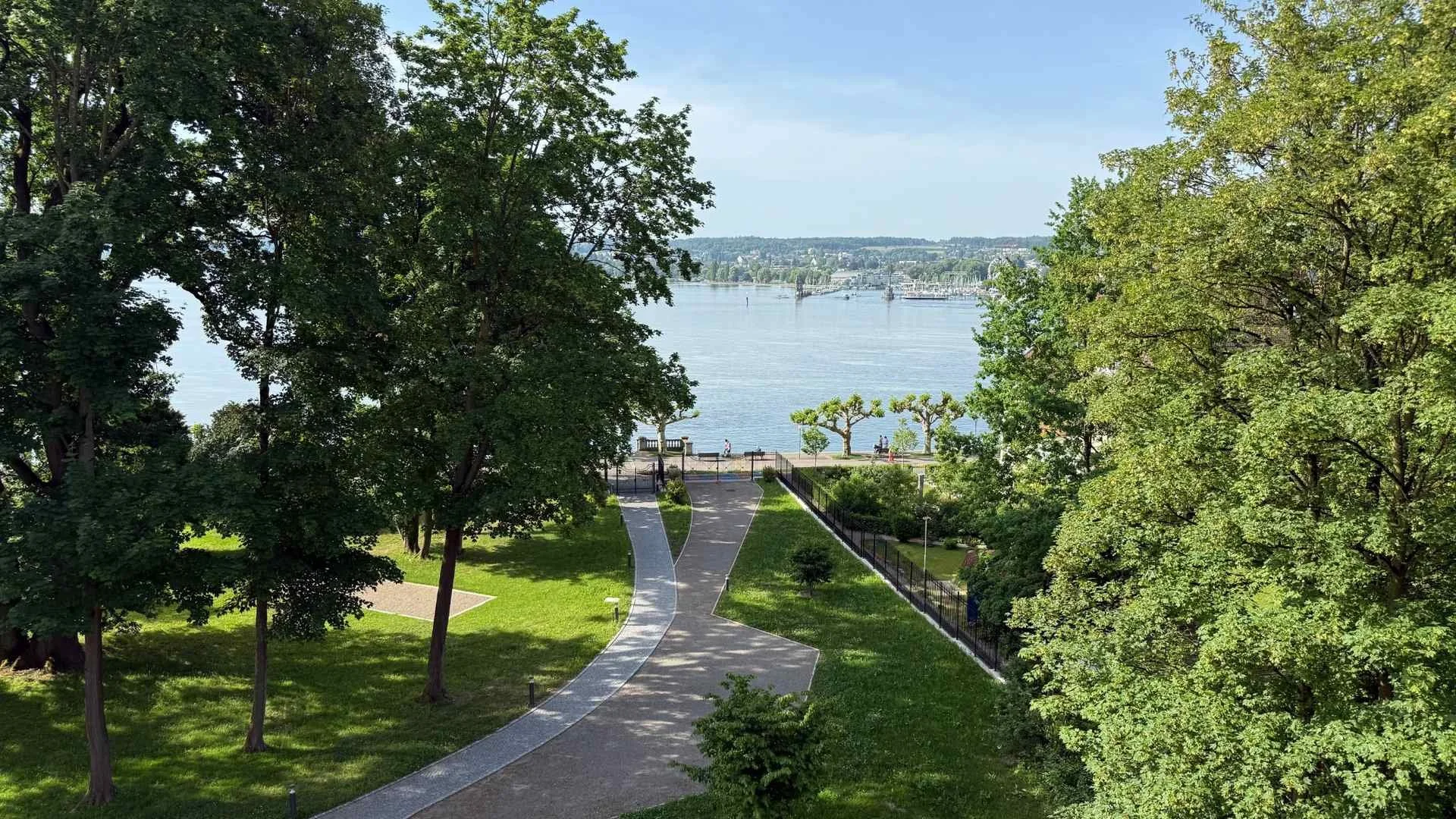 Lake Constance view from Buff Medical Resort Germany, overlooking the landscaped gardens and waterfront towards Konstanz.