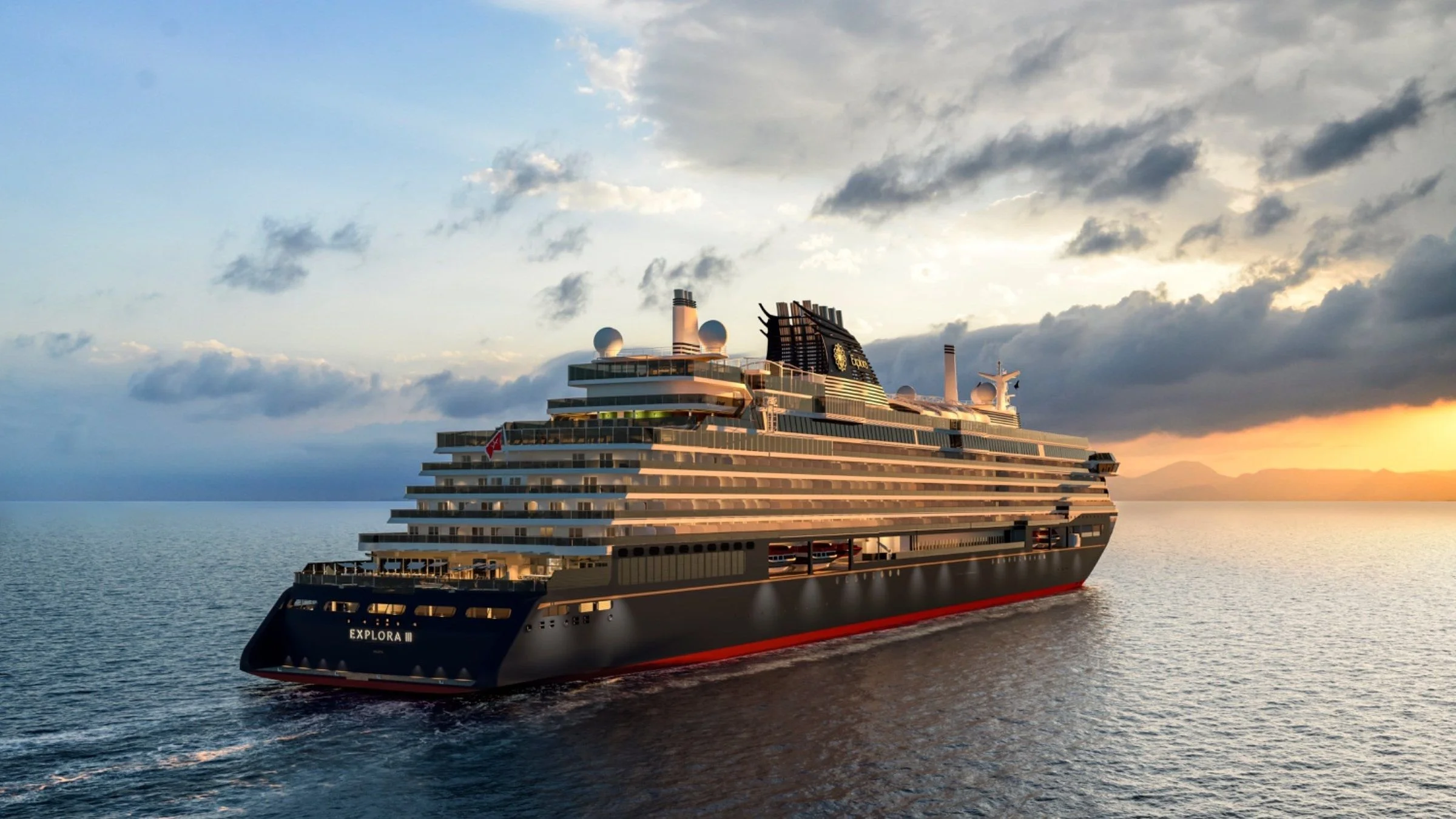 Explora III sailing at sunset, showcasing the elegant exterior design of Explora Journeys' newest luxury cruise ship.