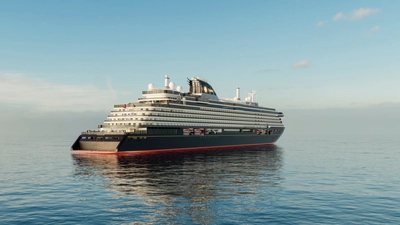 Explora III cruise ship sailing at sea, showcasing the sleek exterior design of Explora Journeys’ luxury all-suite vessel