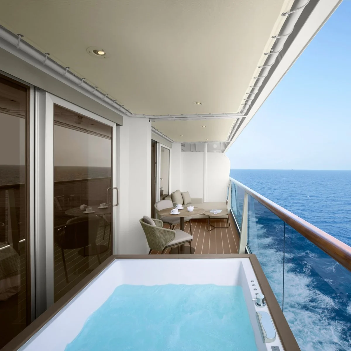 Private terrace jacuzzi on Explora Journeys ocean suite with sea views and outdoor seating