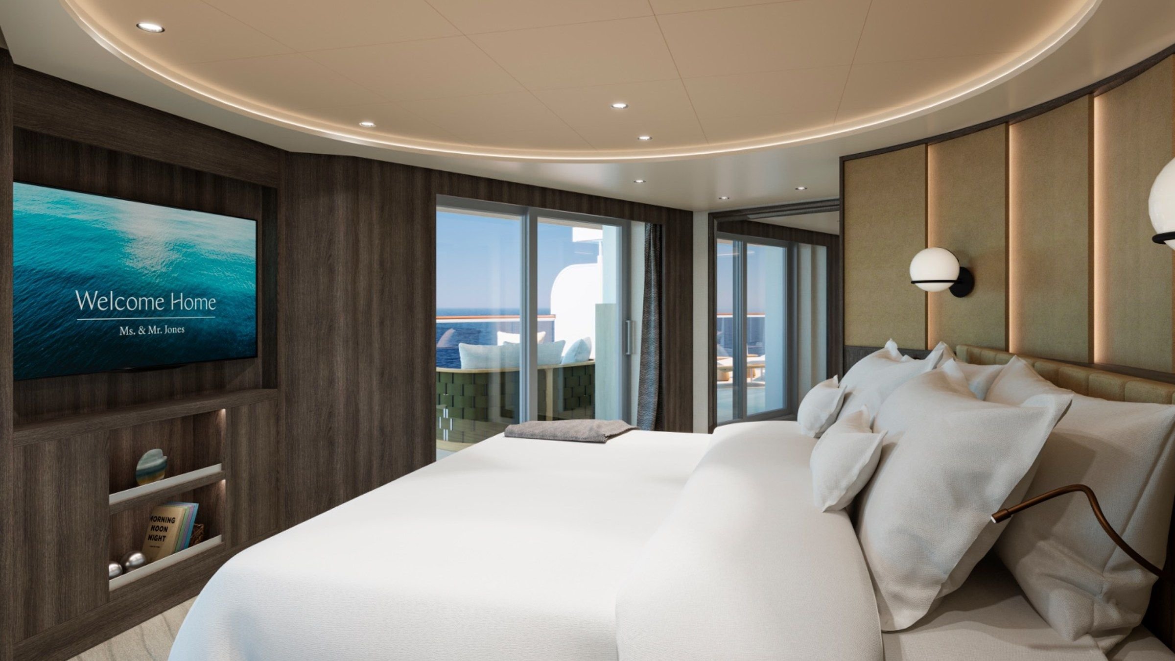 Contemporary bedroom within an Ocean Terrace Suite aboard Explora III featuring floor-to-ceiling windows and elegant residential-style design.