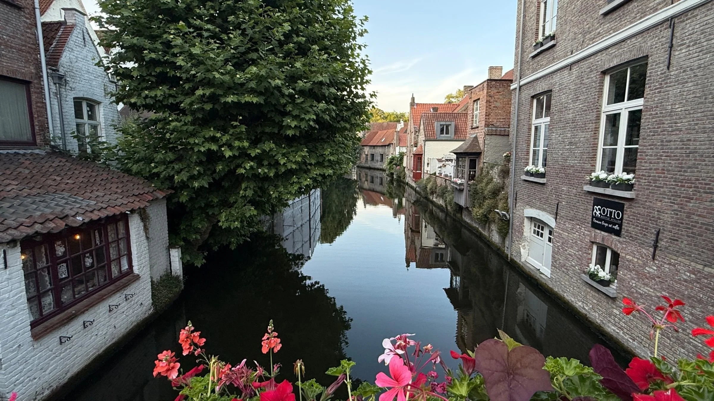 Peaceful Bruges canal at dusk.