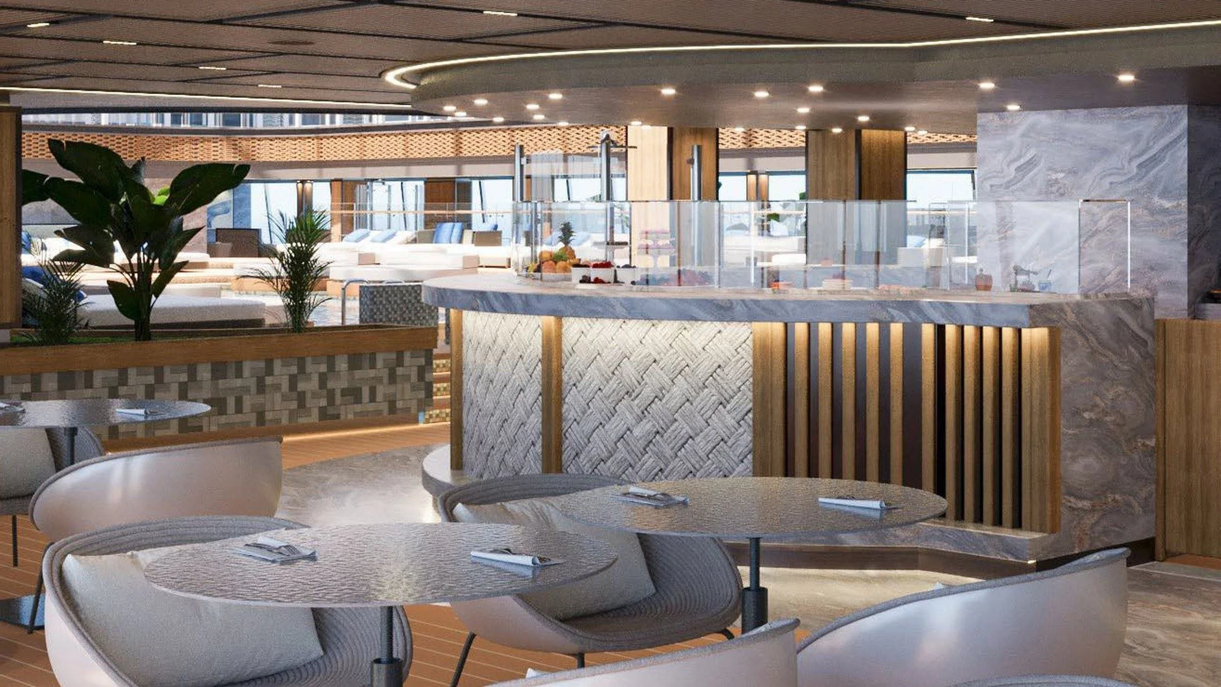 The Shore Club outdoor lounge aboard Explora III with comfortable seating, ocean views and a relaxed Mediterranean atmosphere.