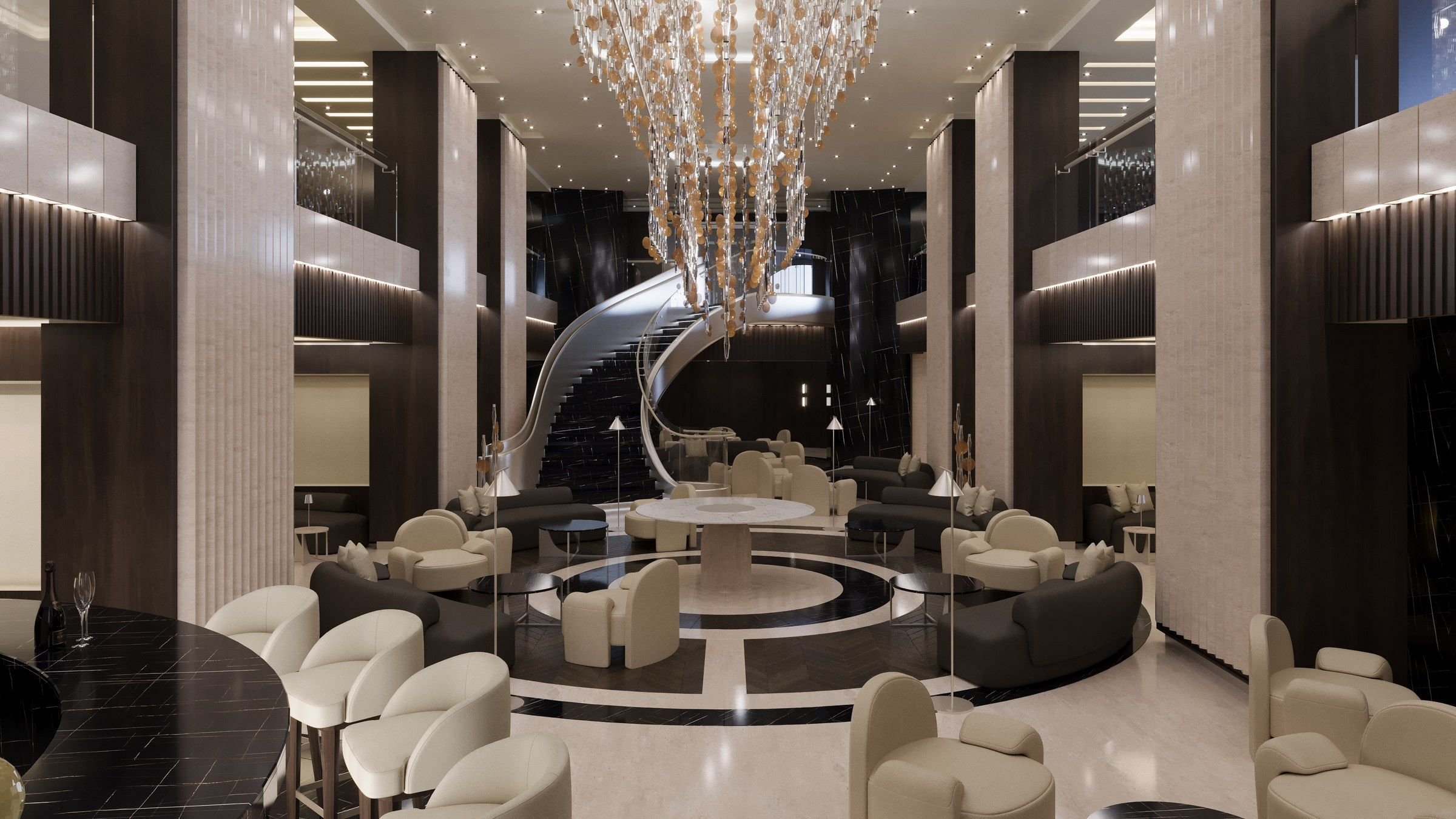 The elegant Lobby Lounge aboard Explora III featuring a dramatic sculptural staircase, contemporary chandelier, luxurious seating areas and sophisticated residential-style design.