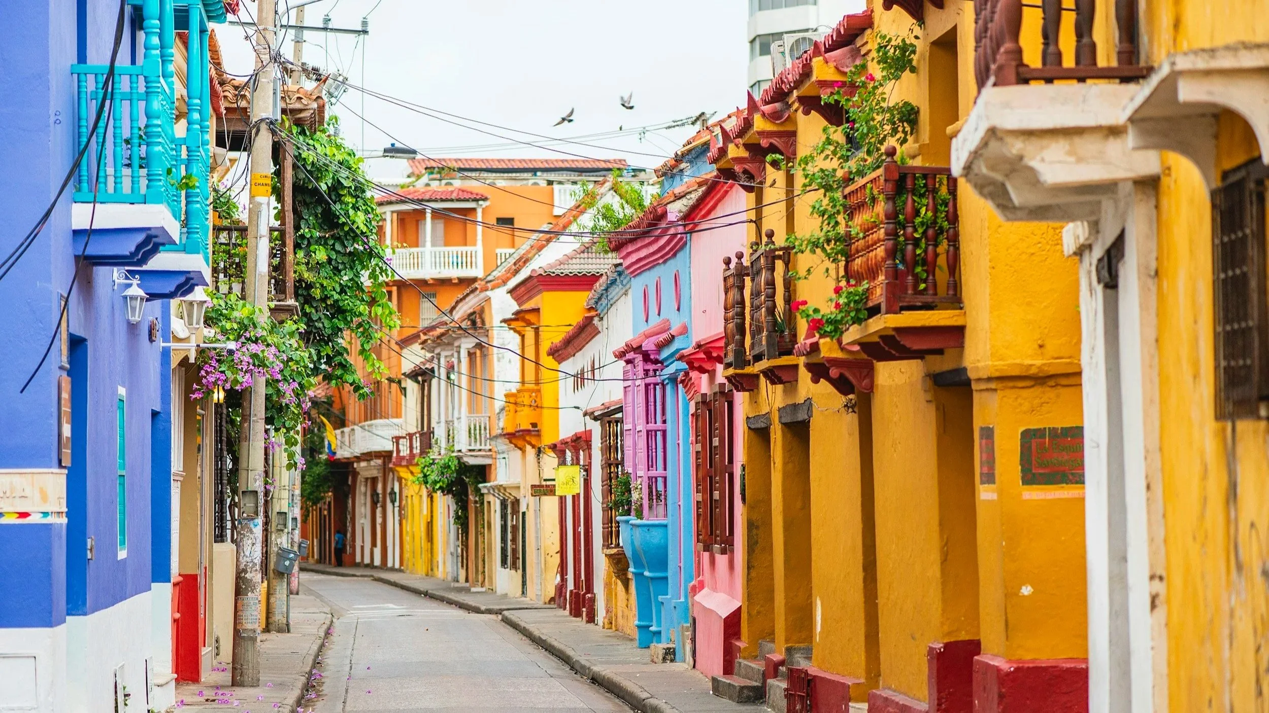 Colourful colonial buildings lining a quiet street in Cartagena Old Town, Colombia, showcasing the city’s historic architecture during a luxury Ecuador and Colombia itinerary.