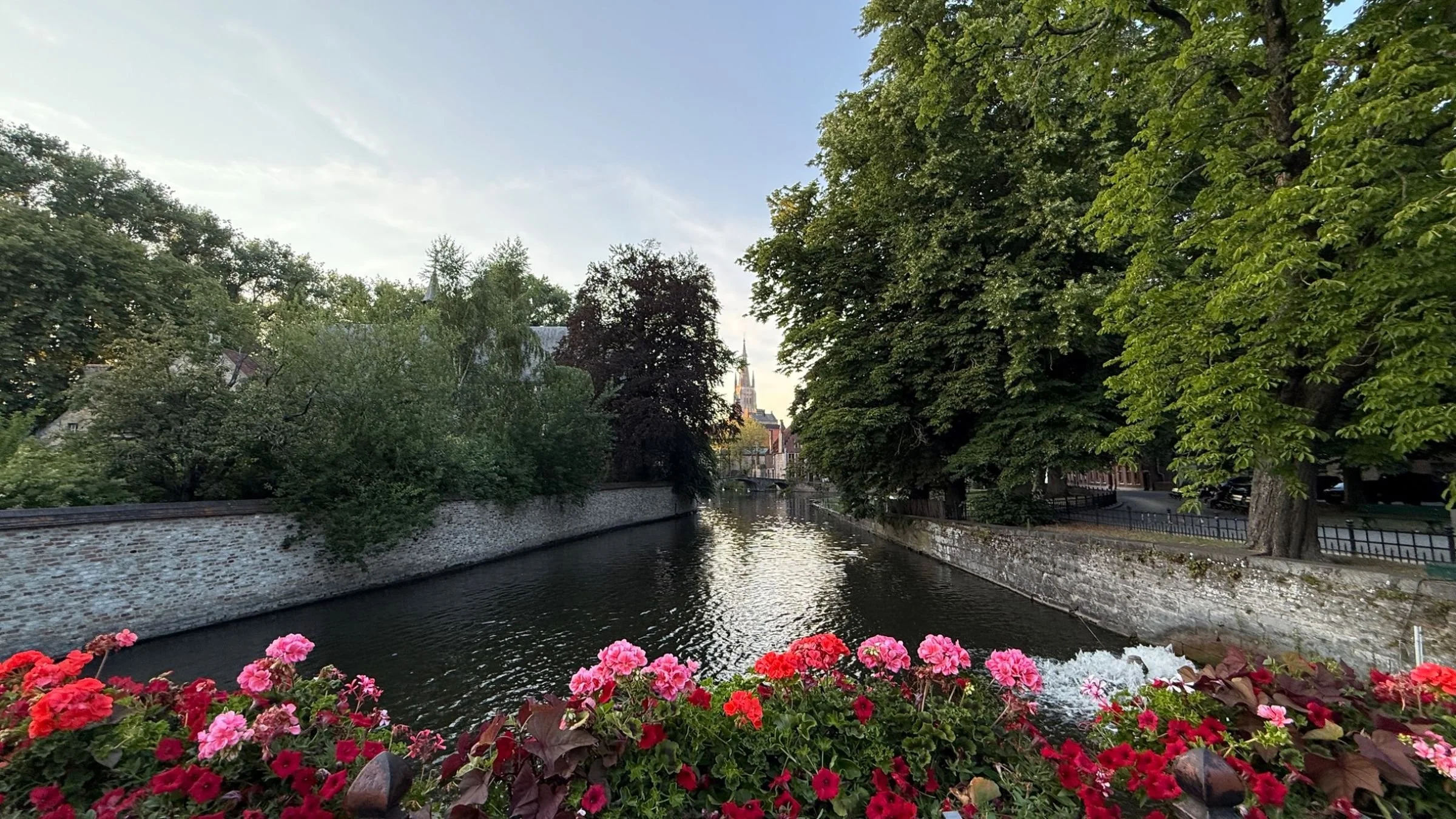 Flower-lined Bruges canal during golden hour.