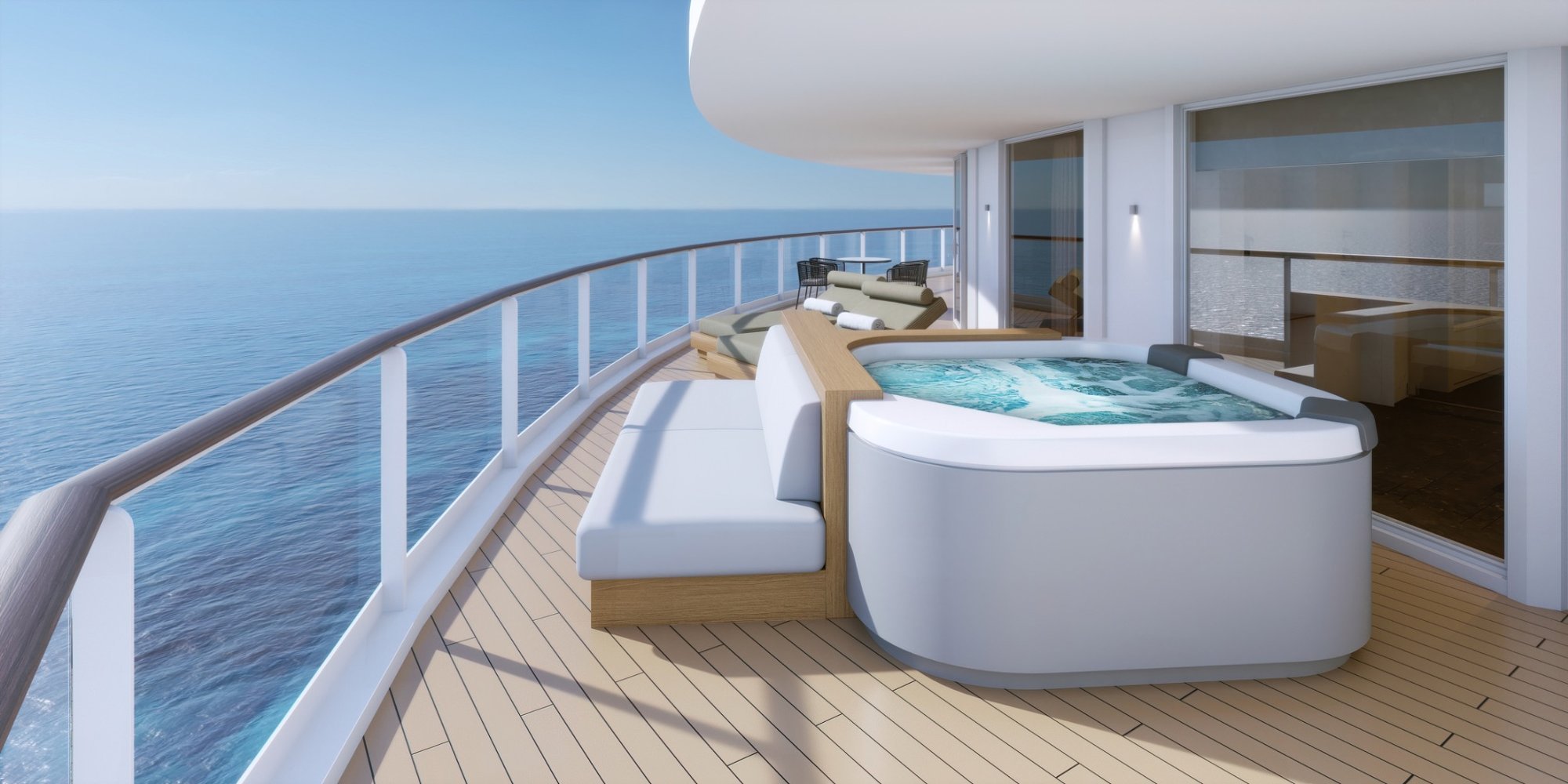 Private balcony hot tub with ocean views in The Haven suite on Norwegian Luna