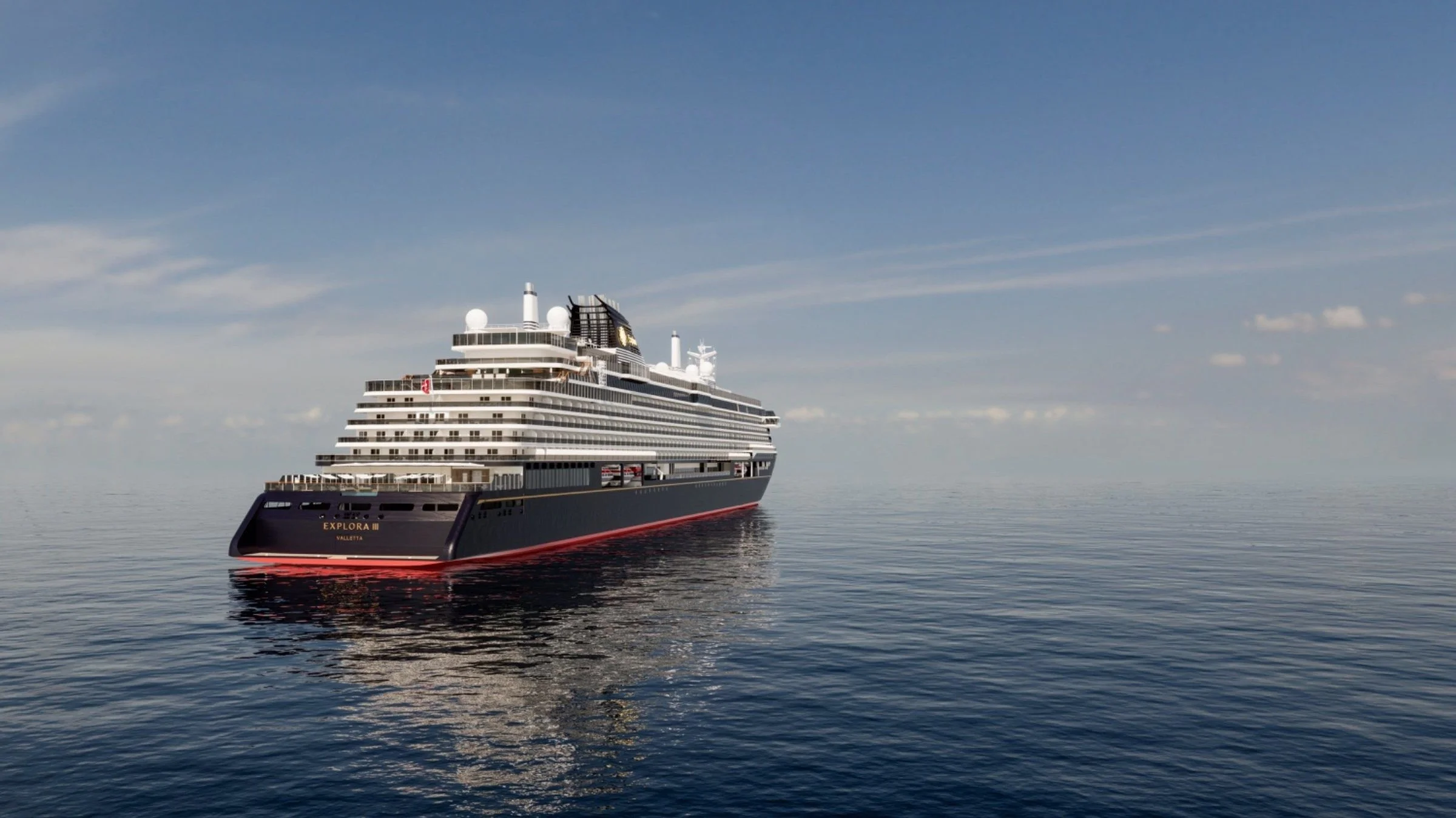 Stern view of Explora III revealing expansive outdoor terraces, infinity-style decks and panoramic ocean views.