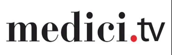 Logo von medi.ci.tv, schwarz-weiß mit roter Punkt zwischen medi und tv.