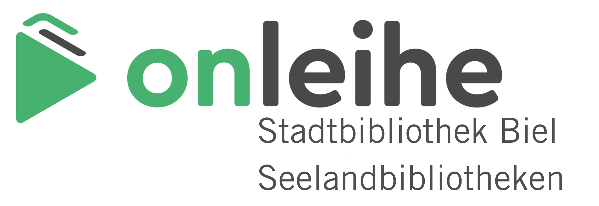 Logo der Online-Bibliothek Stadtbibliothek Biel und Seelandbibliotheken, mit grünem Play-Button und schwarzem Text.