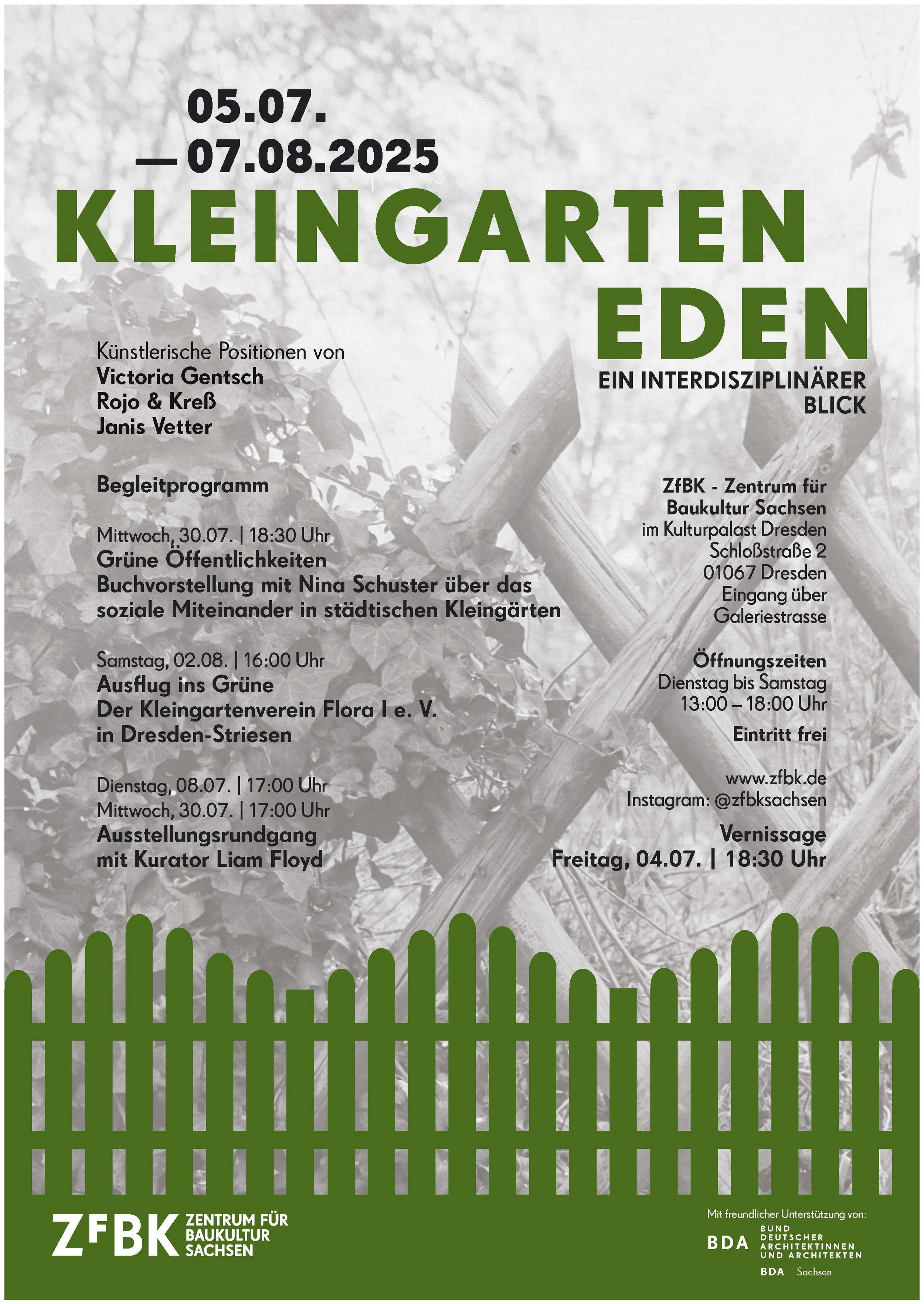 Die Ausstellung widmet sich anhand von drei zeitgenössischen künstlerischen Positionen von Victoria Gentsch, Rojo & Kreß sowie Janis Vetter und weiteren Beiträgen Fragen der Praxis des Kleingartenwesens.