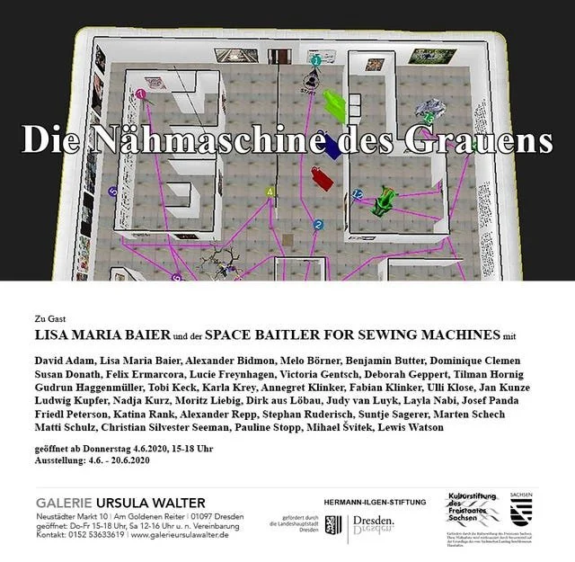 Plakat für "Die Nähmaschine des Grauens" in der Galerie Ursula Walter, Dresden, 2020