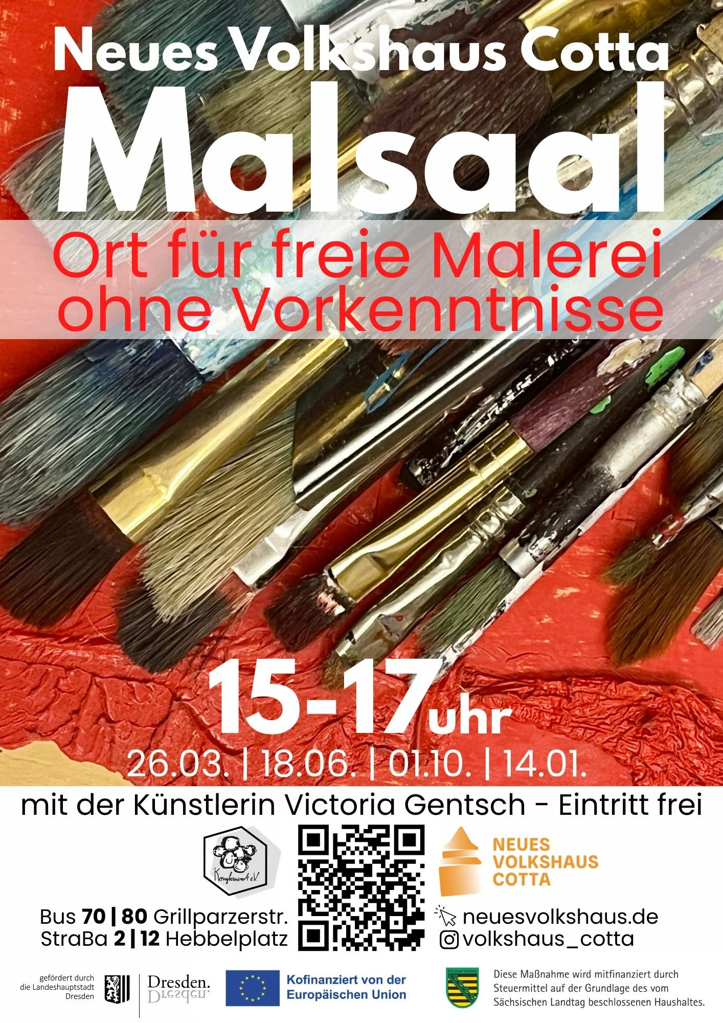 Malsaal im Neuen Volkshaus Cotta, Hebbelplatz 35B, 01157 Dresden. 26.03.2026 15-17 Uhr. Offenes Angebot. 