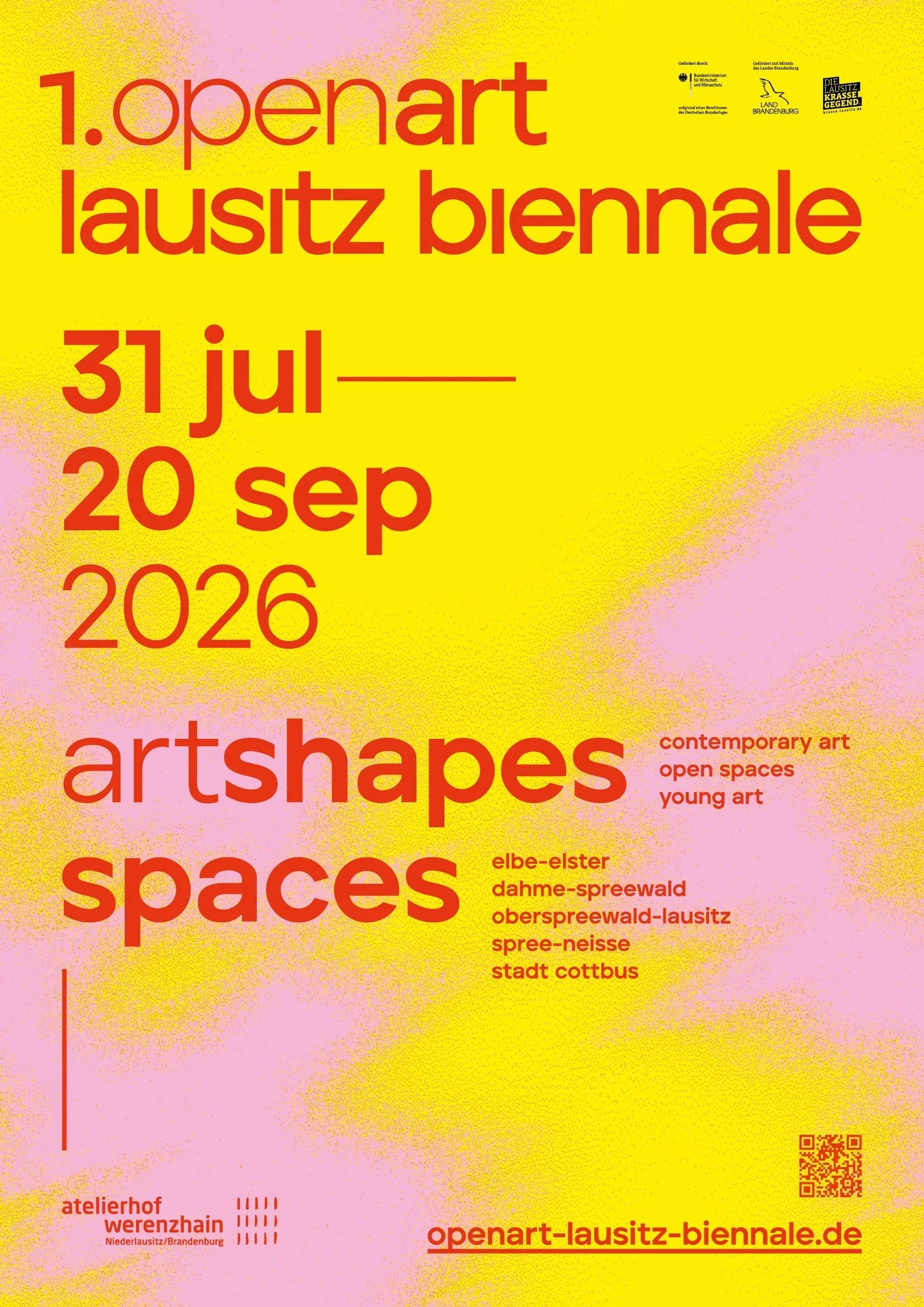 Plakat für die Openart Lauschitz Biennale 2026, Kunstveranstaltung vom 31. Juli bis 20. September, mit dem Thema "art shapes spaces" und "kunstform räume".