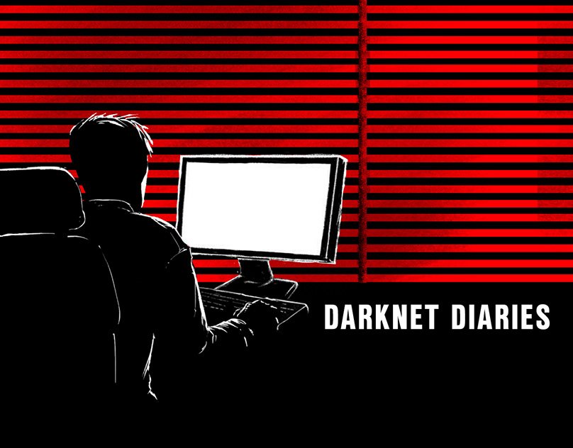 Silhouette of a person sitting at a desk in front of a computer with red blinds in the background and the text "Darknet Diaries" in the bottom right corner.