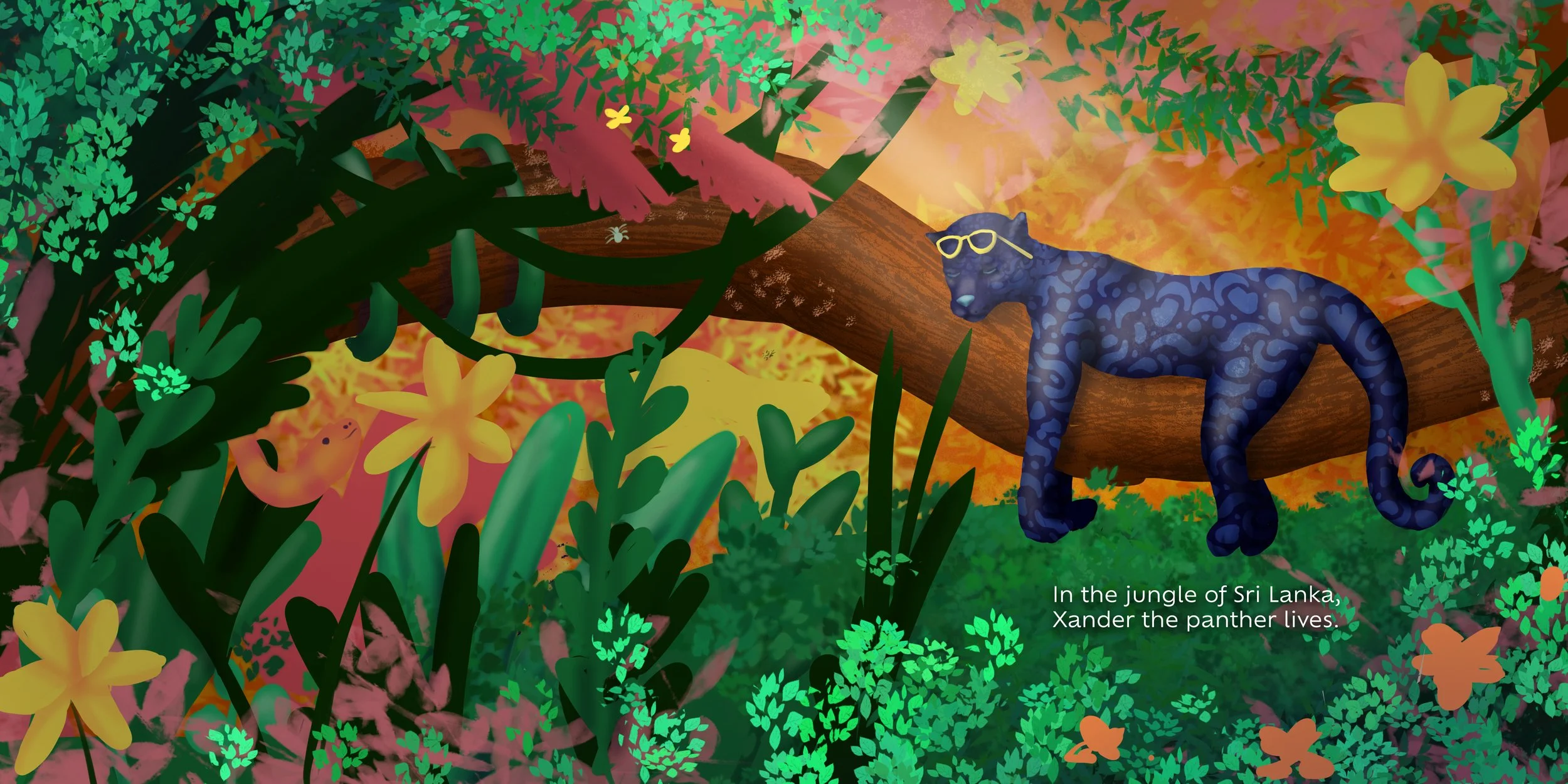 Colorful digital illustration of a jungle scene in Sri Lanka featuring a black panther wearing yellow sunglasses walking on the jungle floor, surrounded by lush green foliage, yellow and pink flowers, and butterflies, with a large tree and a sunset in the background.