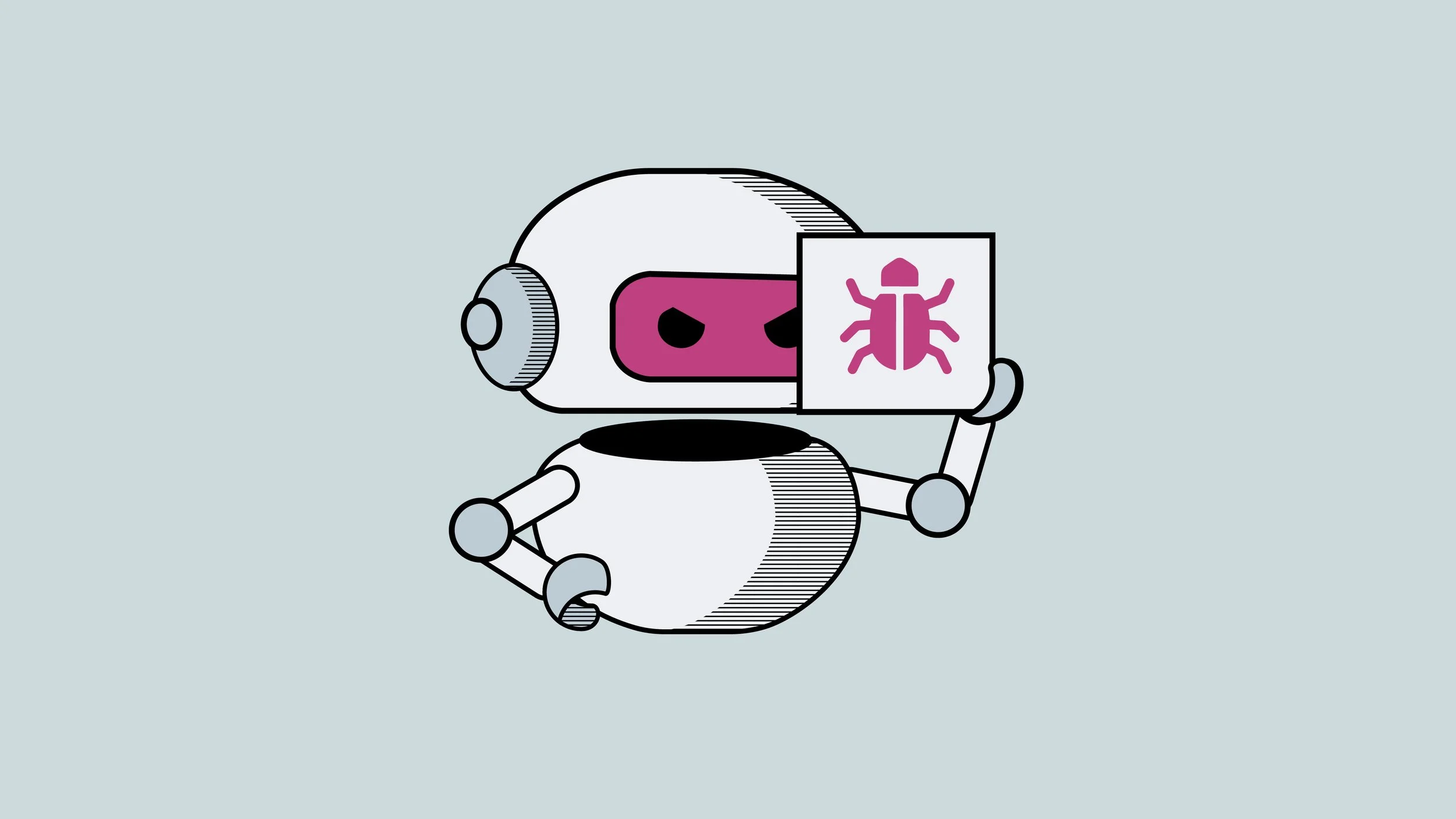 Cartoon robot holding a sign with a bug icon