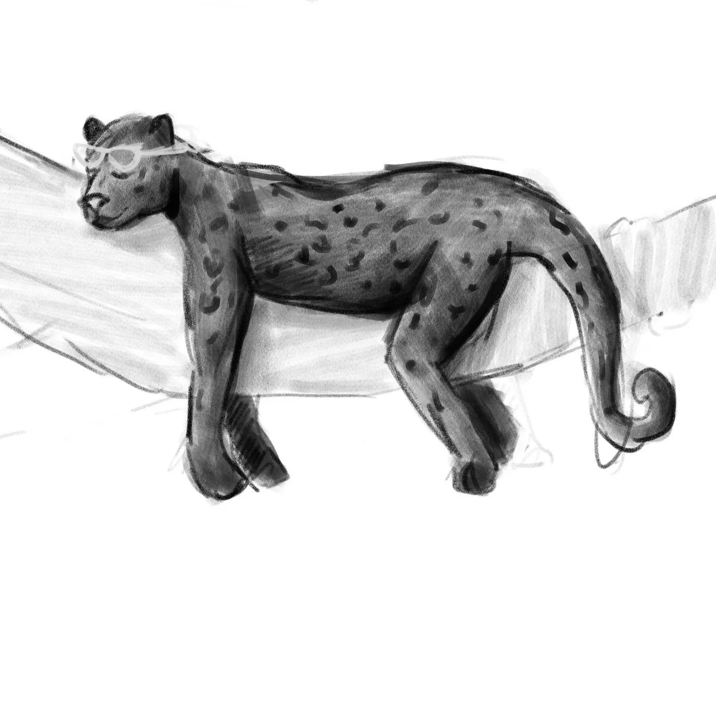 Sketch of a leopard wearing glasses and leaning on a log.