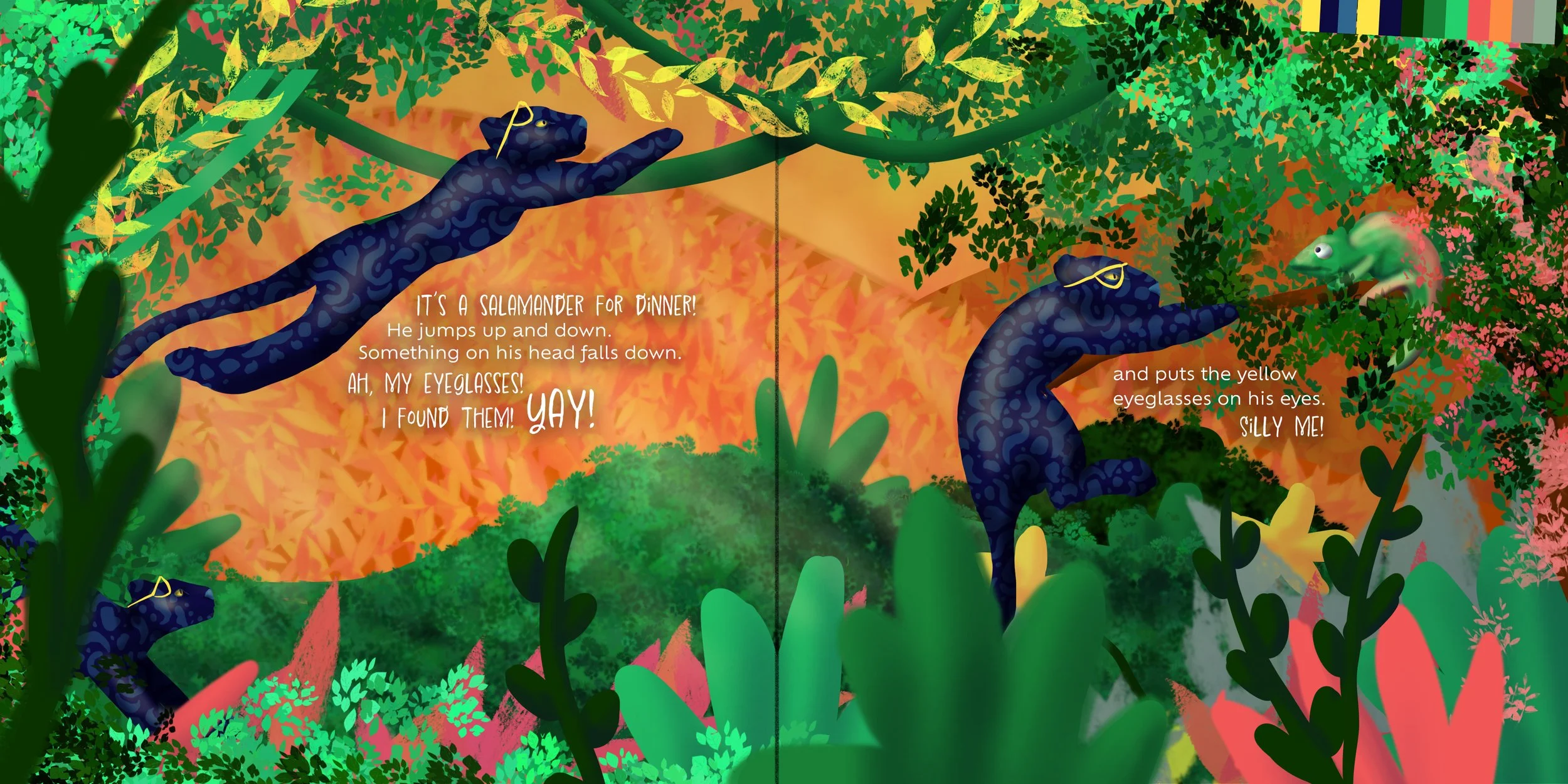 Children's illustrated book page showing a blue black panther with yellow eyeglasses, climbing a tree in a jungle, and a green chameleon on a branch. Text describes a panther finding eyeglasses and putting them on its eyes, with vibrant jungle foliage in the background.