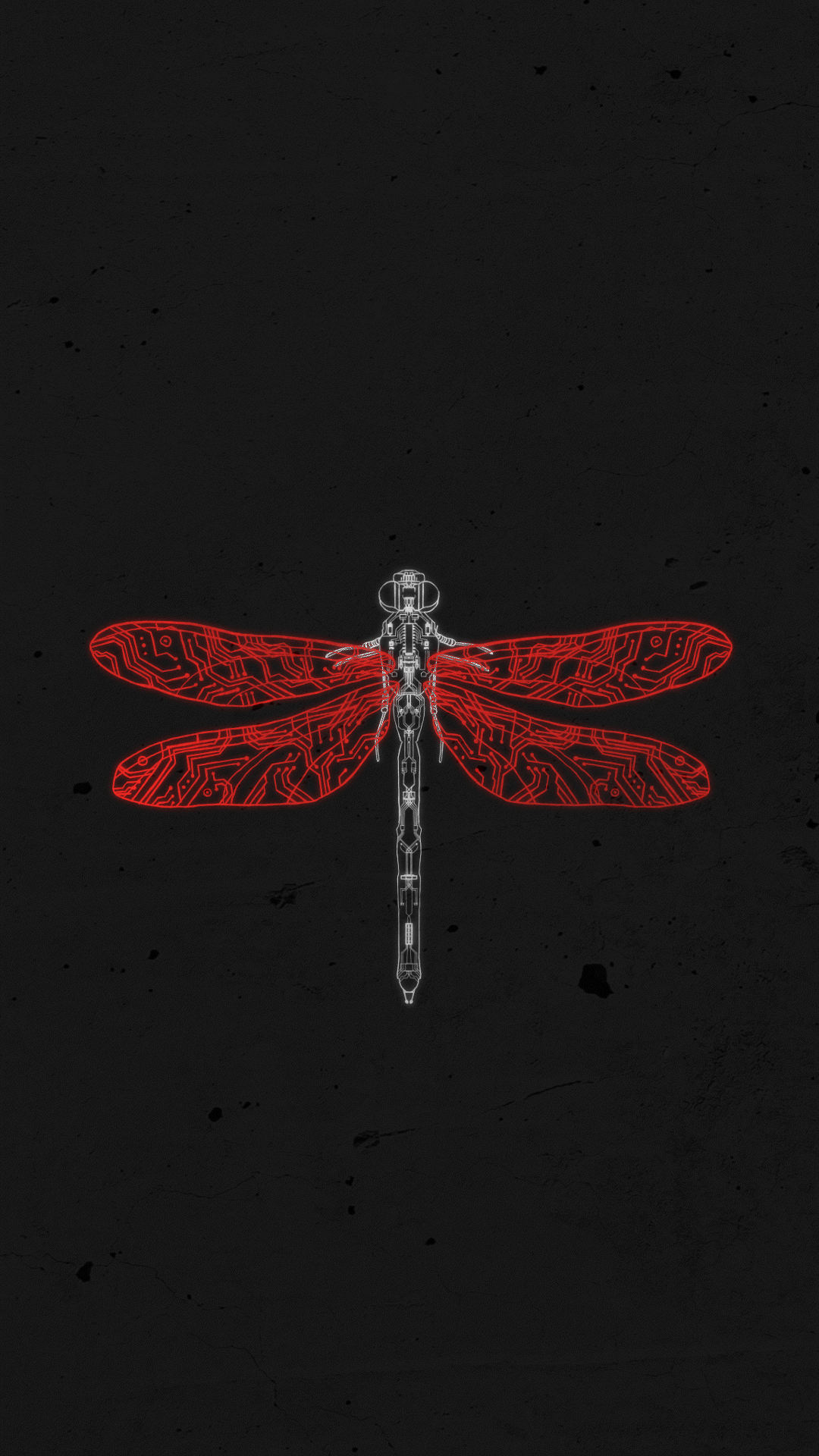 Digital rendering of a dragonfly with red and white circuit-like patterns on a black background.