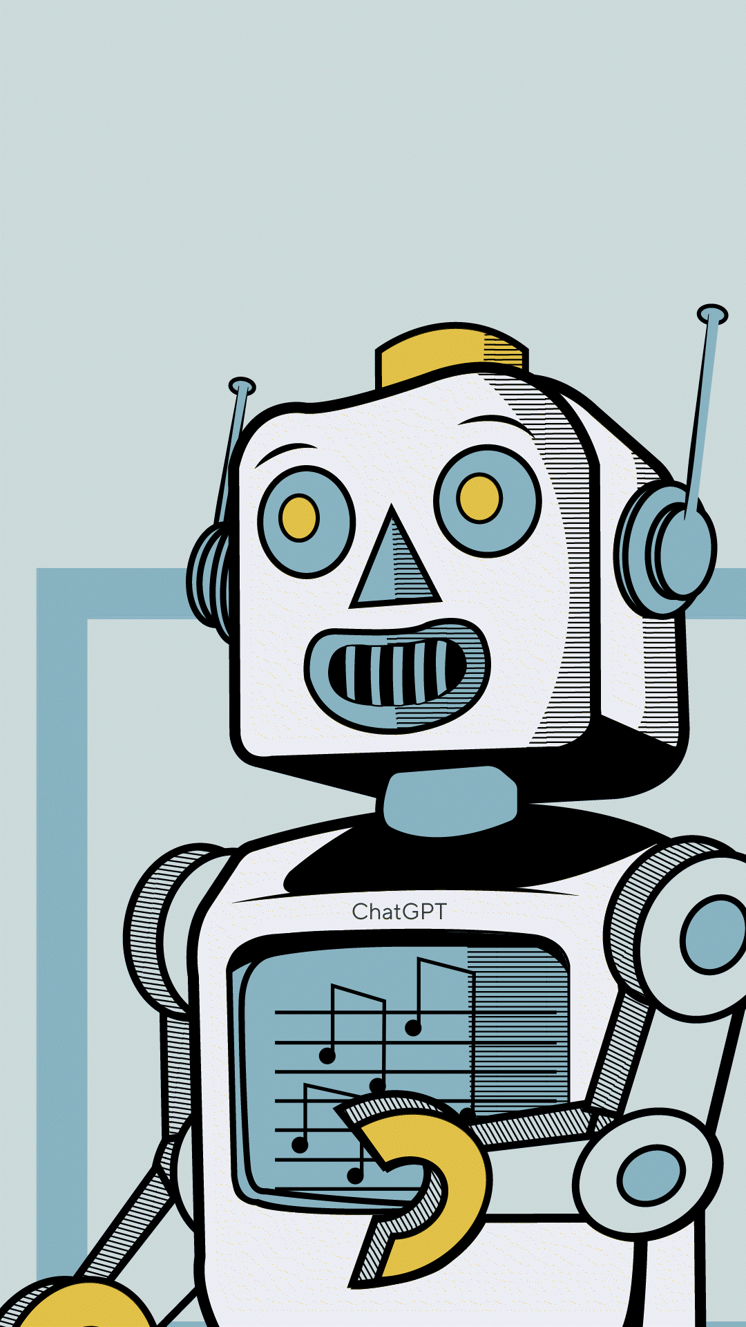 A cartoon robot with a square head, round eyes, and a smiling mouth, wearing headphones, and a screen on its chest displaying musical notes and a crescent shape.