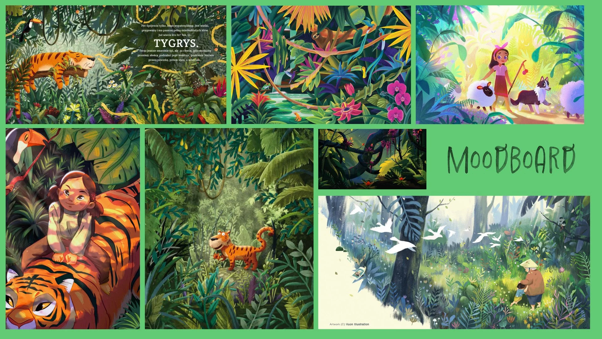 Colorful jungle scene with various animals such as tiger, sloth, toucan, and flamingo, along with a girl exploring the jungle, and a person with a child and a dog walking through a lush forest.
