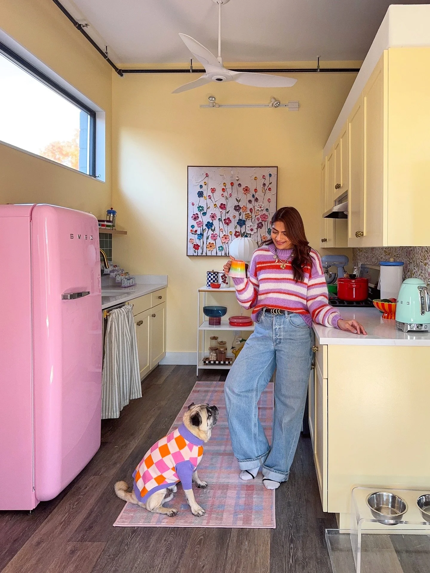 Kitchen makeover without a full renovation ✨ swipe till the end to see the before. While I wanted a more modern feel for the rest of my apartment, I wanted my kitchen to feel a bit retro. I love Pink &amp; Yellow together and this kitchen just makes 