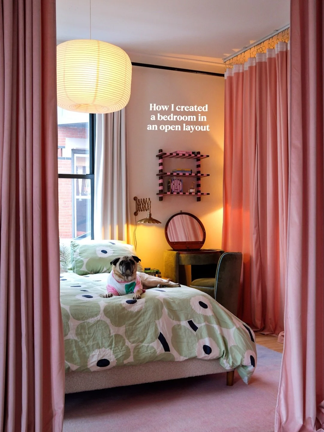 One of the biggest challenges while decorating this space was creating dedicated zones and separating the living and bedroom areas since it was just one big open room. 

With curtains I have the flexibility to open up the space when I want and also c