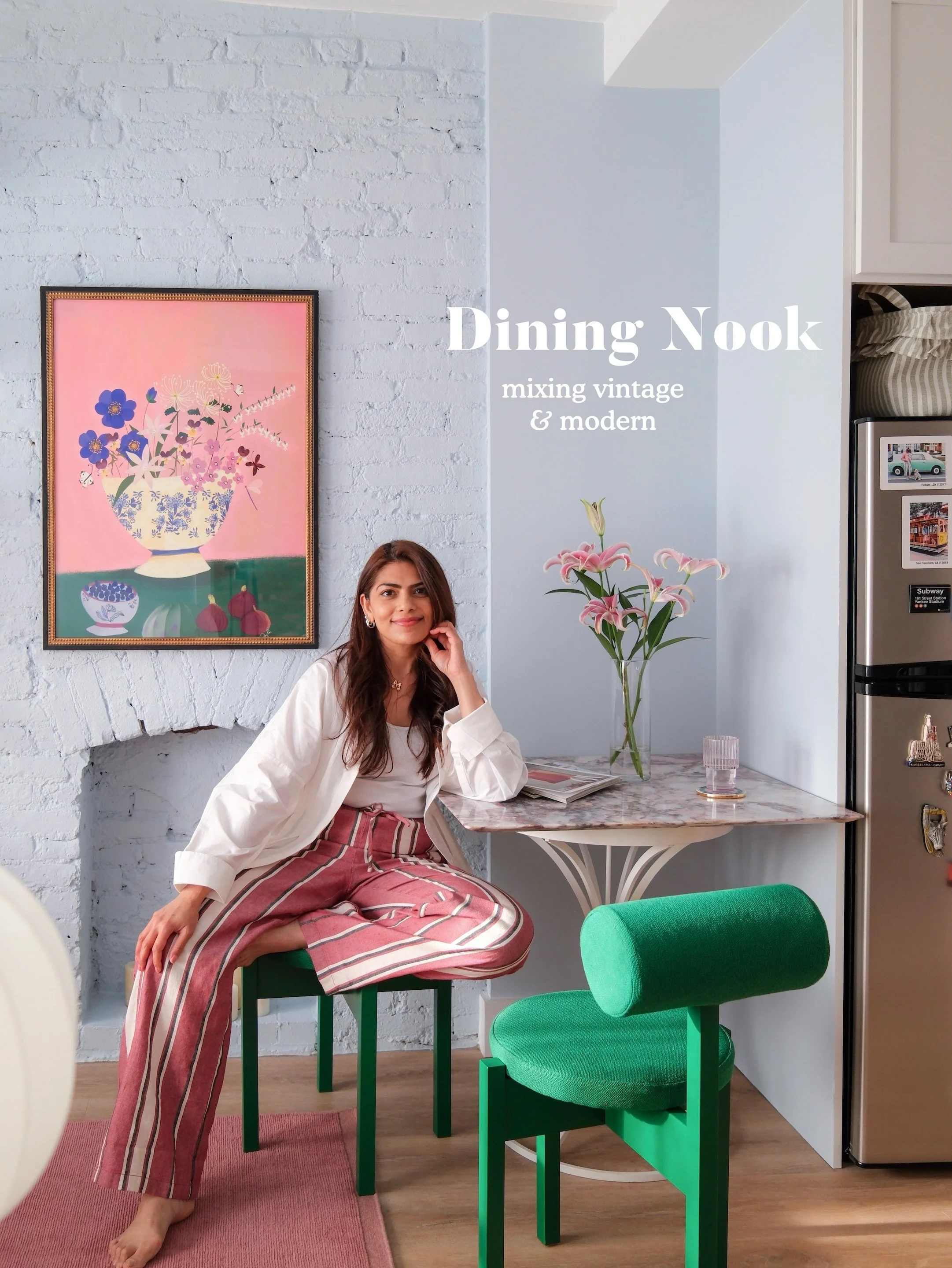 I wasn&rsquo;t sure if I would be able to fit a dining table in my small living room. But I found the perfect vintage table &amp; bright but compact chairs to optimize the only little corner space I had. I love how the green works with the beautiful 