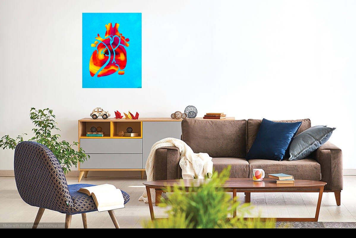 A living room with the photo of a beating heart in reds and yellow on a light blue background...