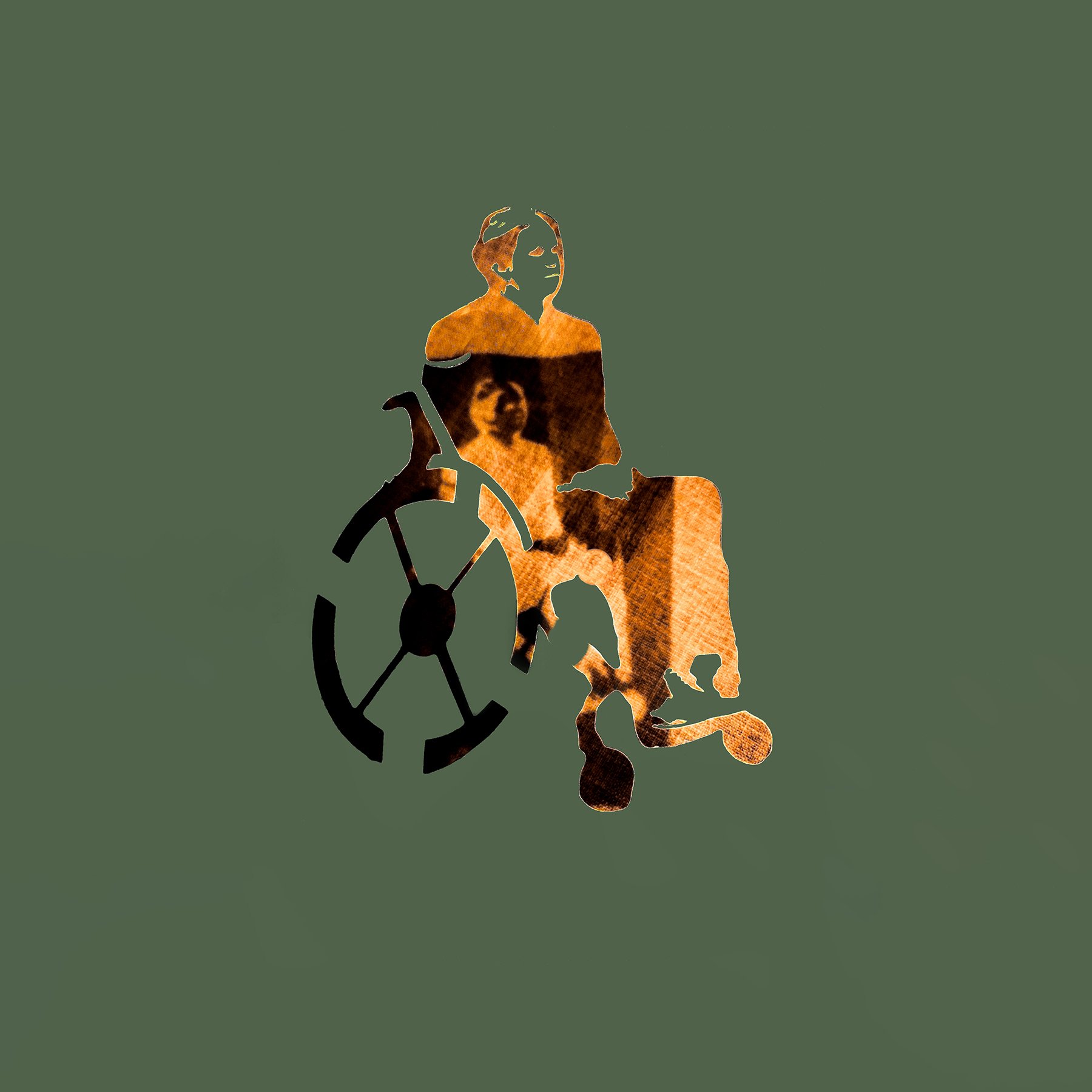A stencil of a person sitting in a wheelchair. The wheelchair looks old fashioned. There is a reflection of the stencil inside the stencil as if on their clothing.