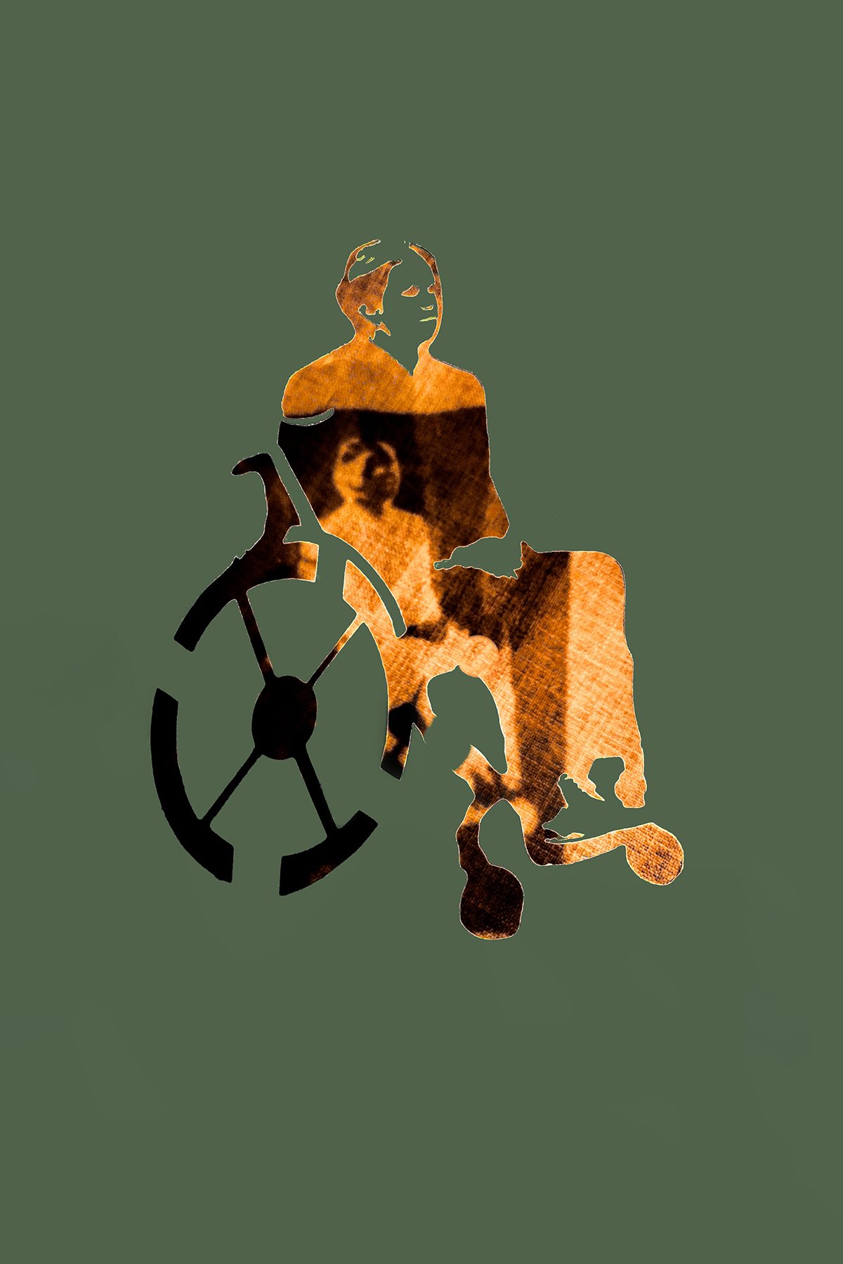 A stencil of a person sitting in a wheelchair. The wheelchair looks old fashioned. There is a reflection of the stencil inside the stencil as if on their clothing. (Copy) (Copy)