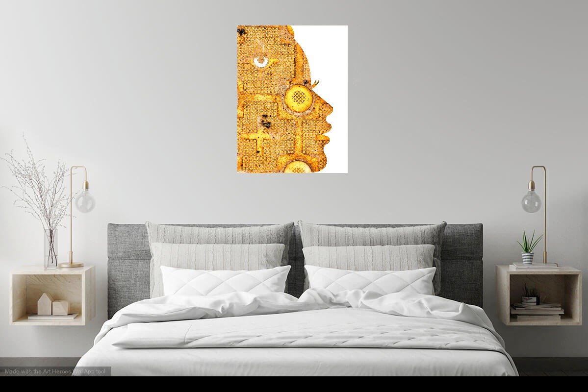 A bedroom with the photo of Thinking about Accessibility, an image of a shape of a girl’s profile embossed with the texture and pattern of a curb cut. The small and large bumps create the features of her face: her eyes, her lips.