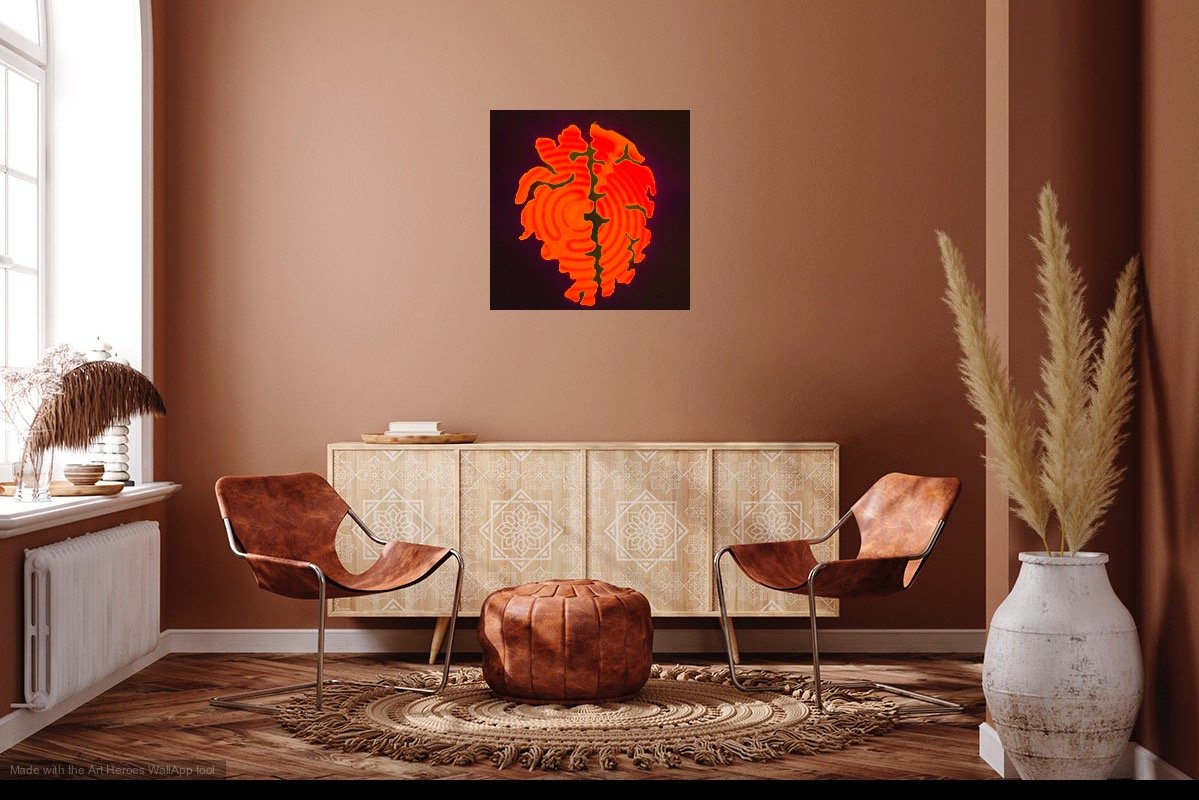 A sitting room with the photo Hot Zone, it is a photo of a stencil of my brain filled with the concentric circles of a red hot eclectic stove top. In my mind, it looks like the heat map of two contents or two people dancing.