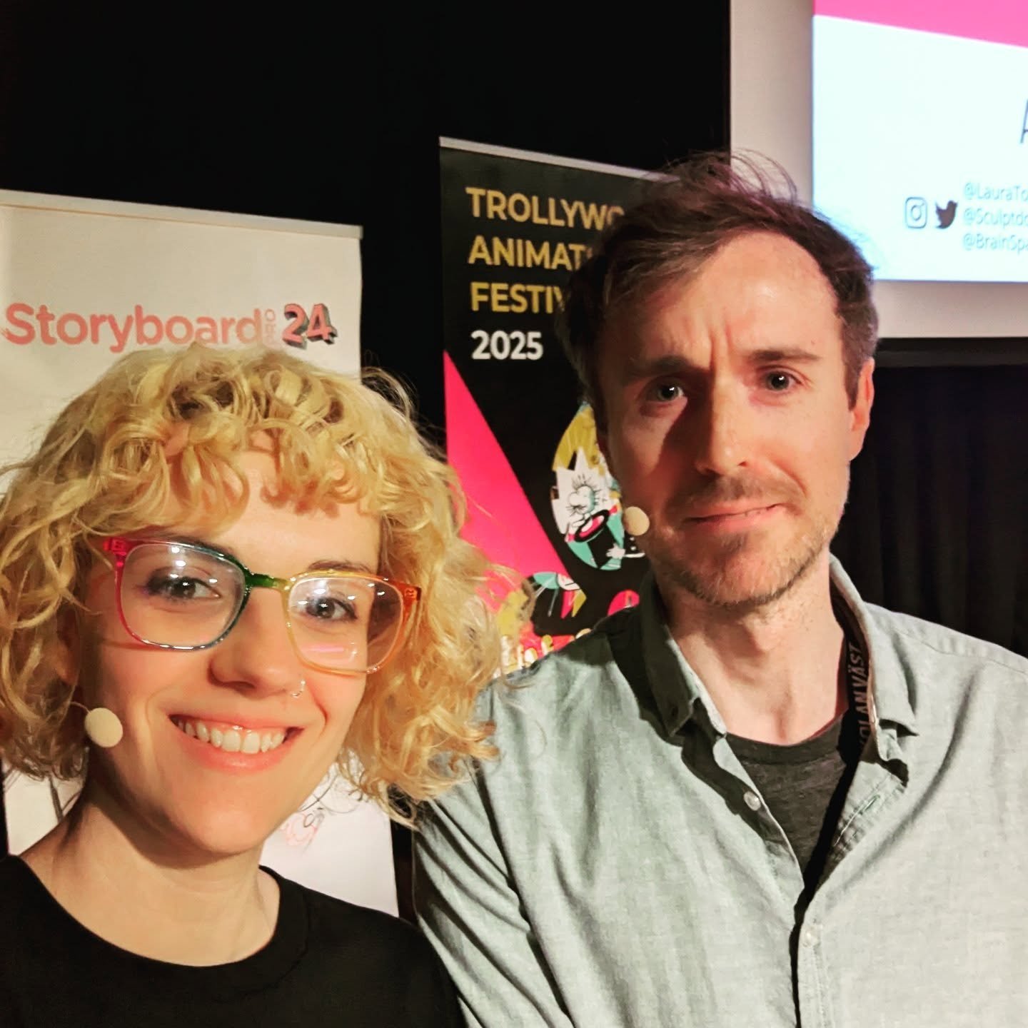 First time wearing a Britney mic! Josh seems unconvinced - he prefers an Elvis 🎤 Thanks for having us @trollywoodanimationfest to talk about @brainspacefilm 
🧠🚀🎥
#stopmotion #animationart #brainspacefilm #shortfilm #travel #sweden🇸🇪 #trollh&aum