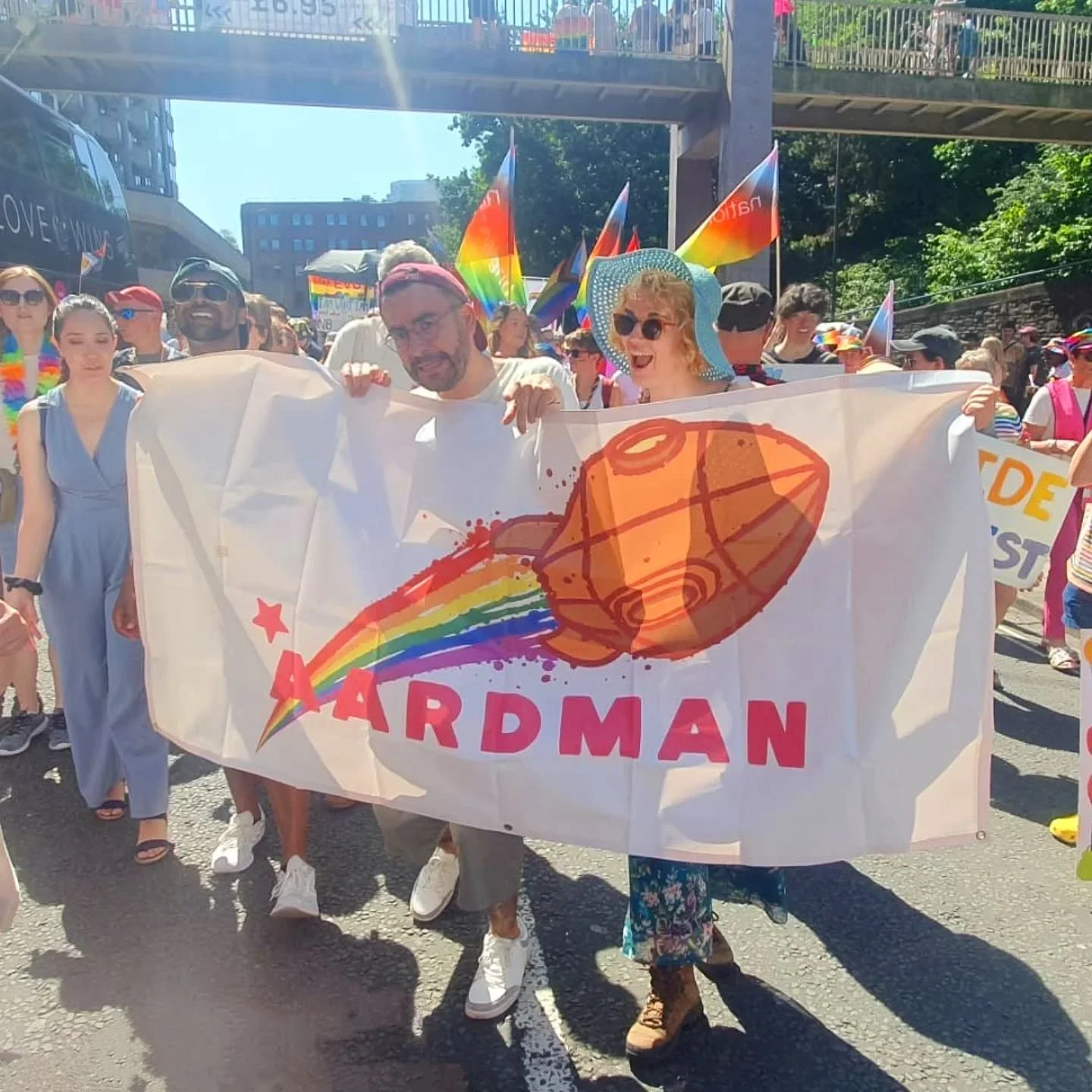 Pride marchin' with the iconic @adri_piqueras &amp; the magnificent Aardman team in the sunshine ☀️😎🌈 
#prideisaprotest #BristolPride #aardman #dei