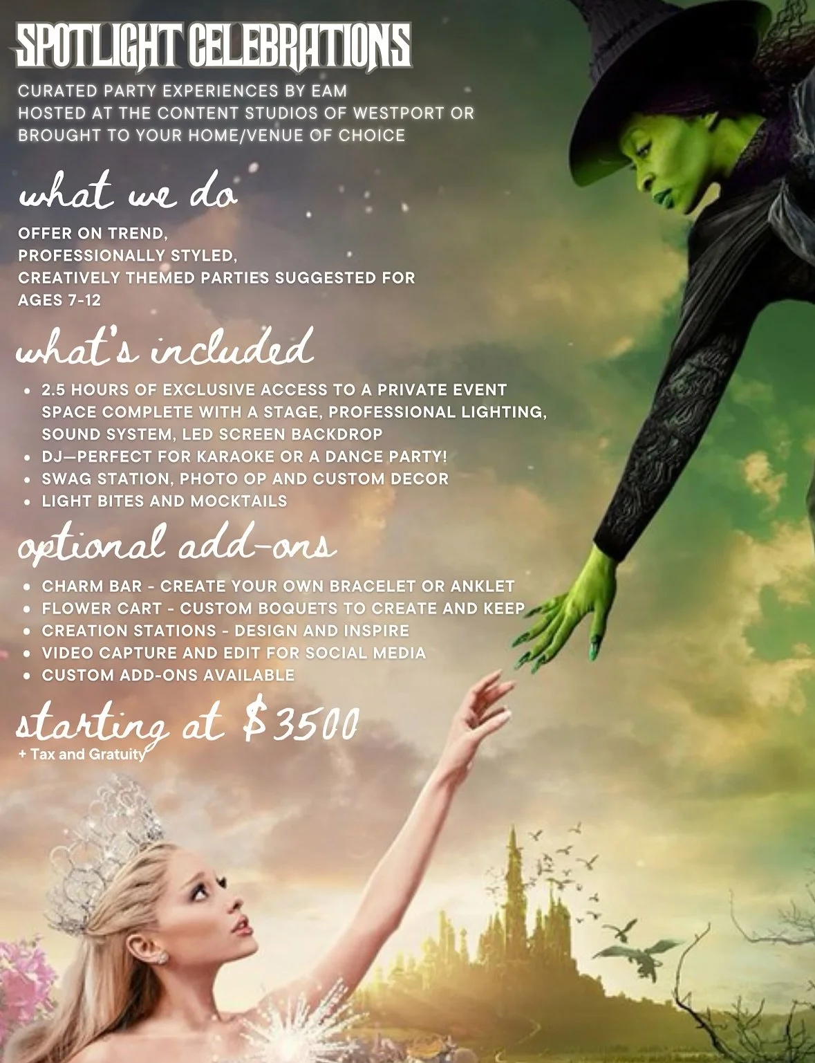 ✨ Defy Gravity with a WICKED Birthday! ✨

This fall, as the world counts down to the release of Wicked: Part Two on November 21st, give your child the chance to step into the magic themselves with a curated Wicked-themed birthday celebration 🎂💚🖤

