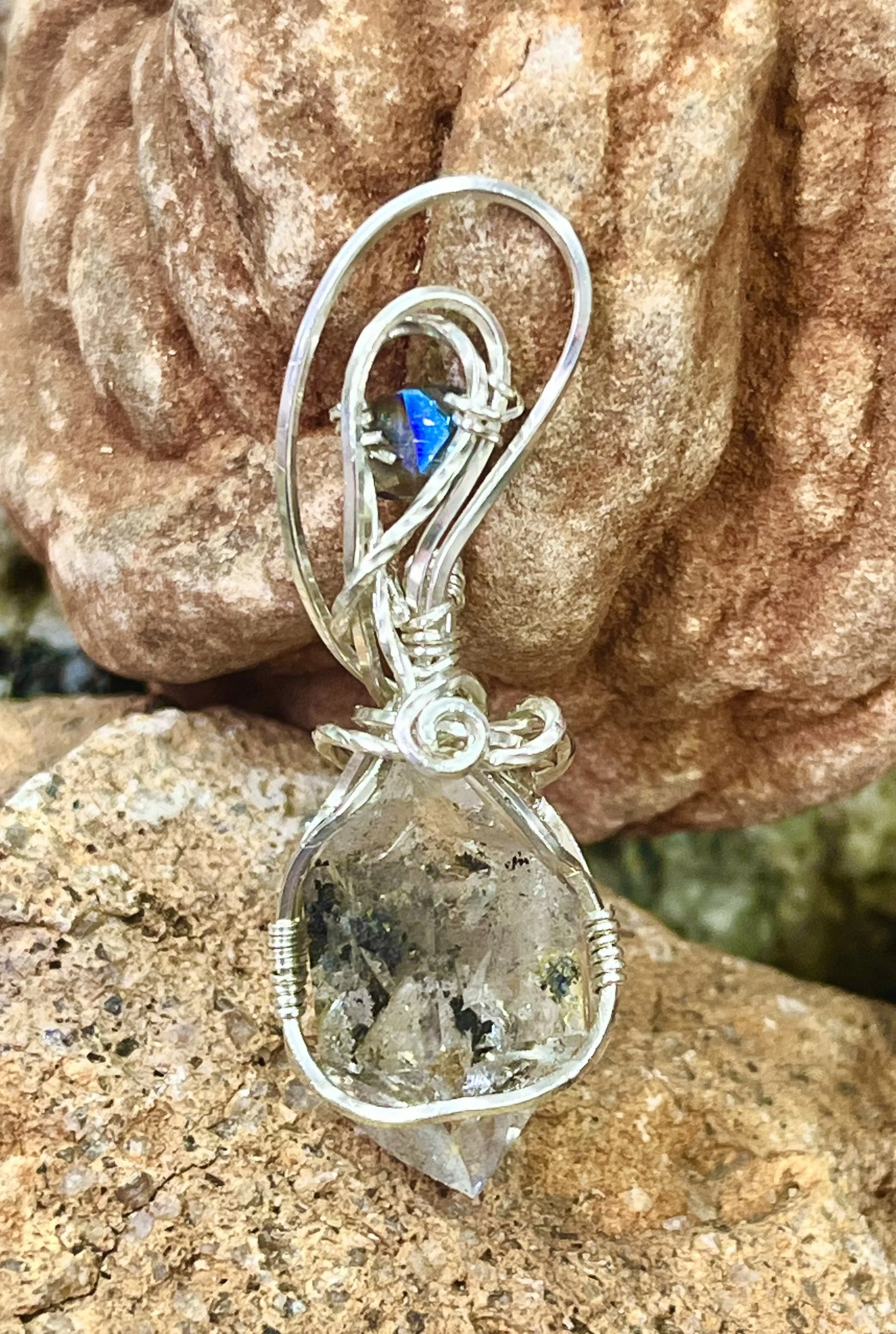 Ethereal Elegance Wire-Wrapped Herkimer Diamnond Gemstone Pendant