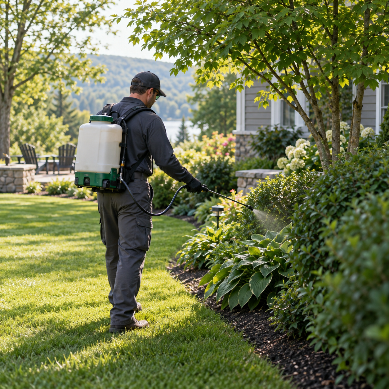 All-Pro technician applying a targeted tick and mosquito treatment around yard vegetation.