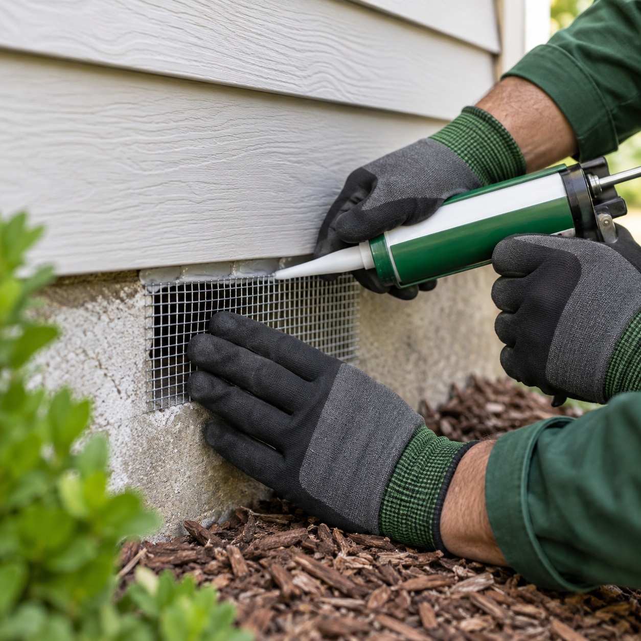 Professional rodent exclusion sealing a mouse entry point at a home foundation.