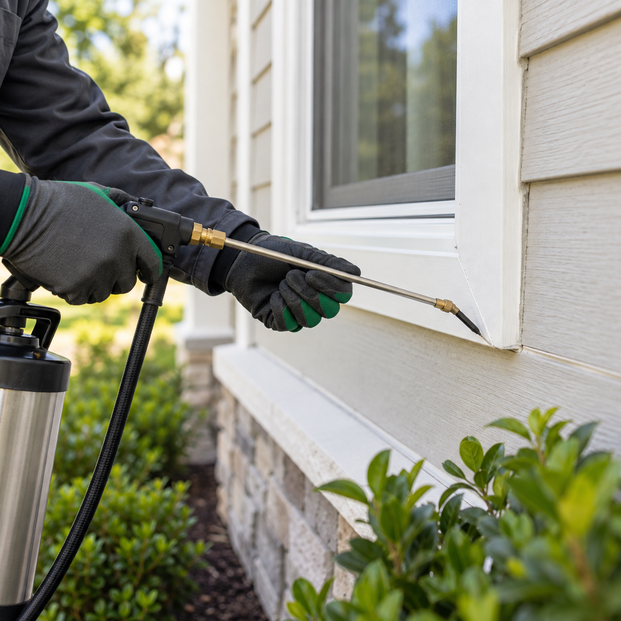 Targeted exterior insect treatment around a residential window frame.