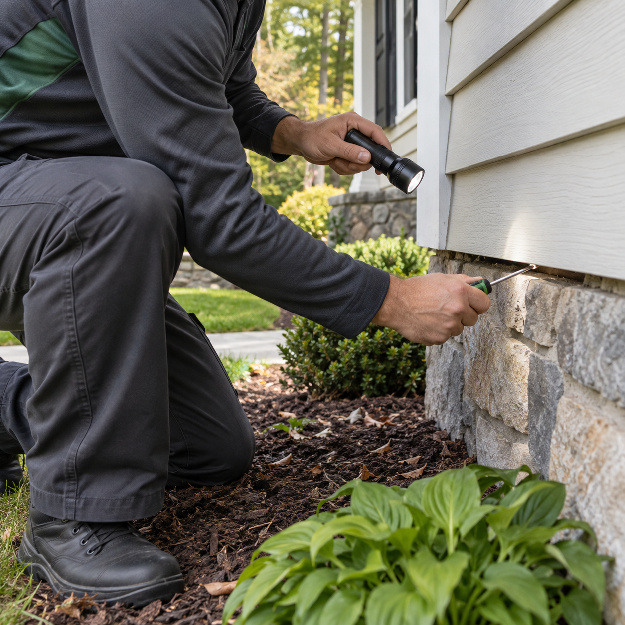 All-Pro technician inspecting a home foundation for pest entry points.