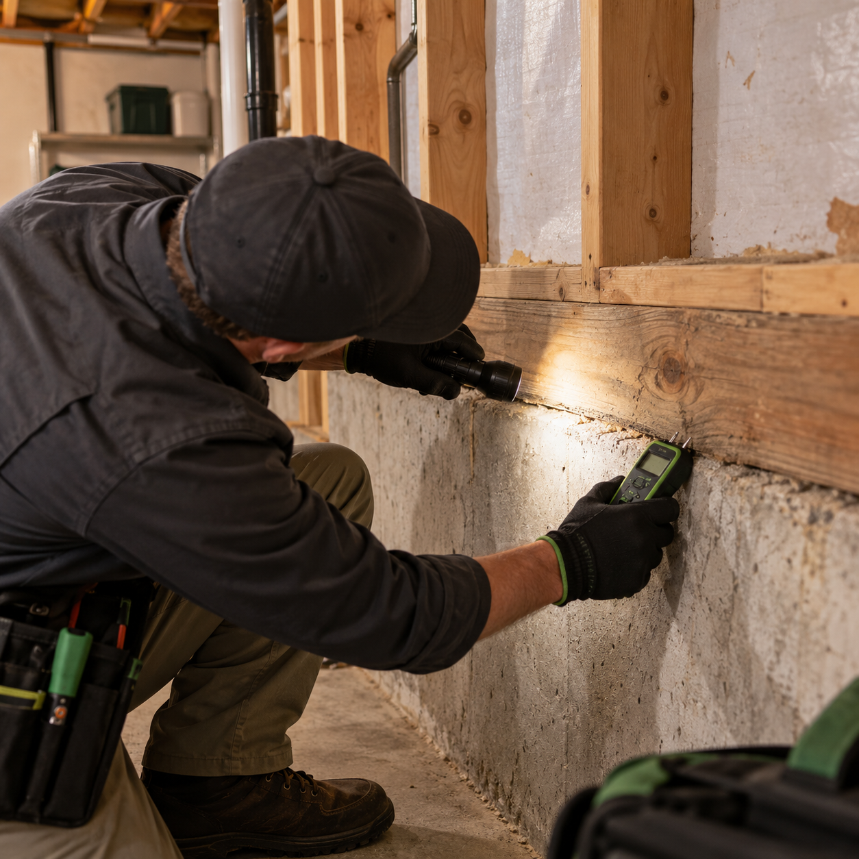 Professional termite inspection of a basement wood sill and foundation.