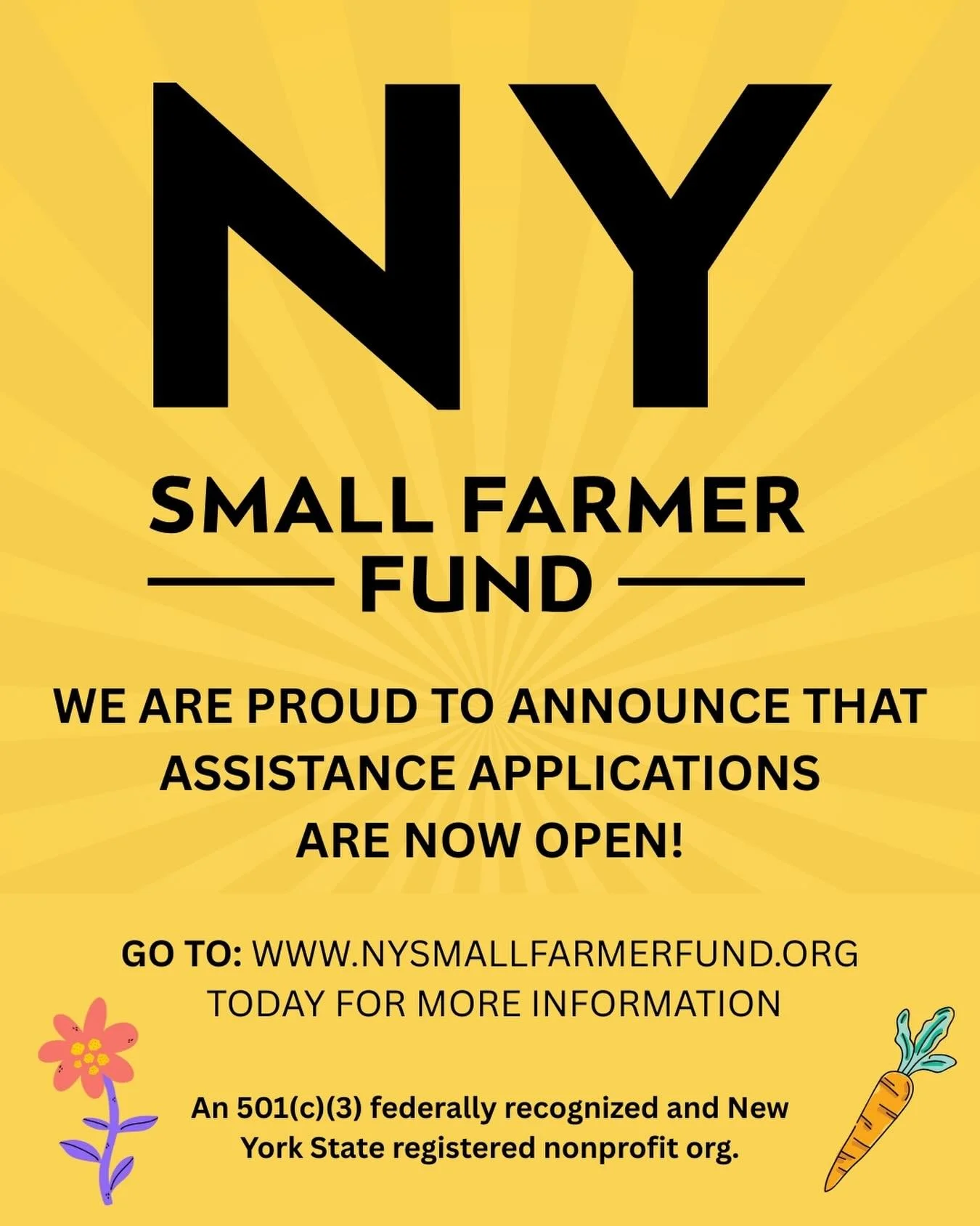 Proud to Announce: The NY Small Farmer Fund Is Now Accepting Applications 🥕 

I&rsquo;m honored to share that the NY Small Farmer Fund &mdash; our fully registered 501(c)(3) federal and New York State nonprofit &mdash; is officially accepting applic