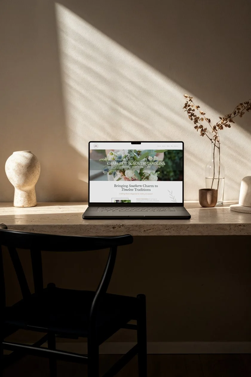 Laptop on a beige marble desk displaying a website for Charleston, South Carolina. The desk is decorated with a textured vase, a glass vase with dried branches, a small bowl, and a rounded lamp. Sunlight streams through blinds, creating striped shadows on the wall.
