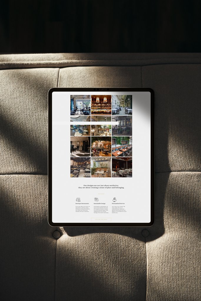 Tablet displaying a grid of home interior and restaurant images, placed on a textured beige sofa with sunlight casting shadows.