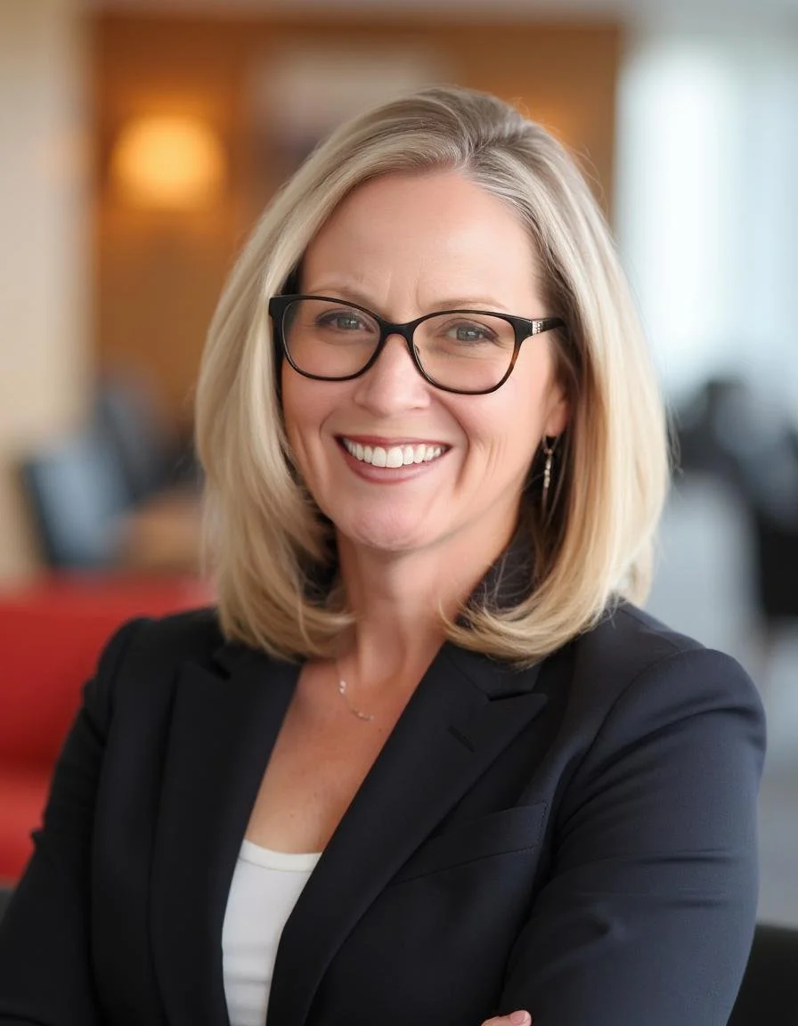 Smiling woman with shoulder-length blonde hair, wearing glasses, a black blazer, and a white top.