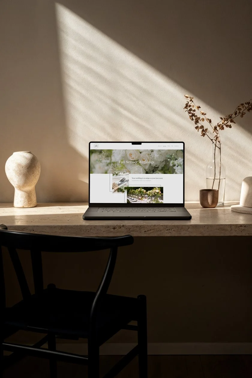 A minimalist workspace with a laptop displaying a wedding planning website, a ceramic vase, a glass vase with dried branches, and a small pot on a light-colored desk illuminated by sunlight and shadows.