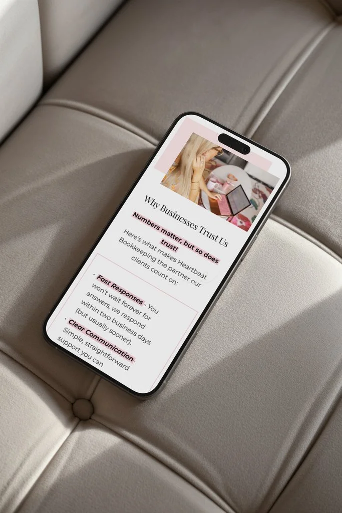 Smartphone displaying a webpage about business trust, fast responses, and clear communication, resting on a beige leather car seat.